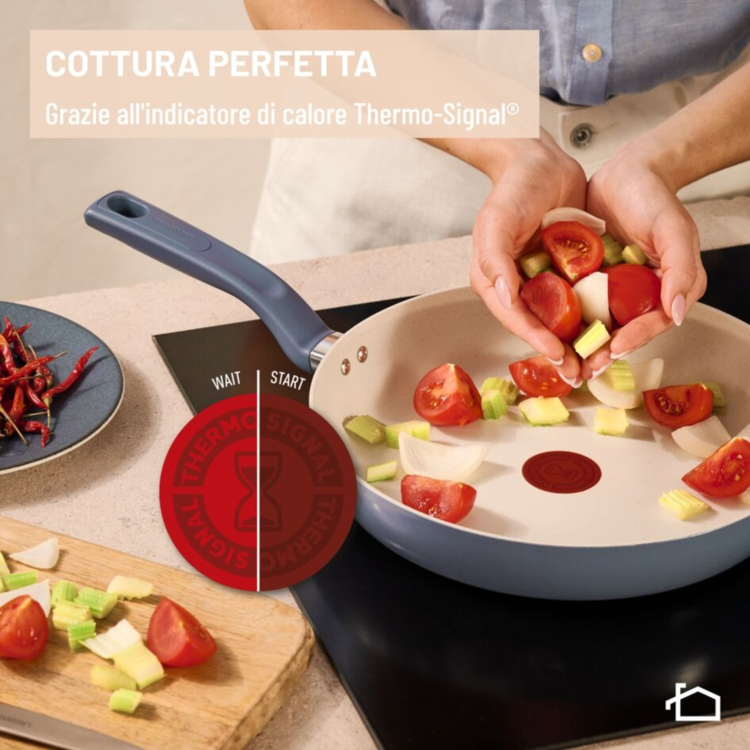 Mani aggiungono pomodori e sedano in una padella con Thermo-Signal.