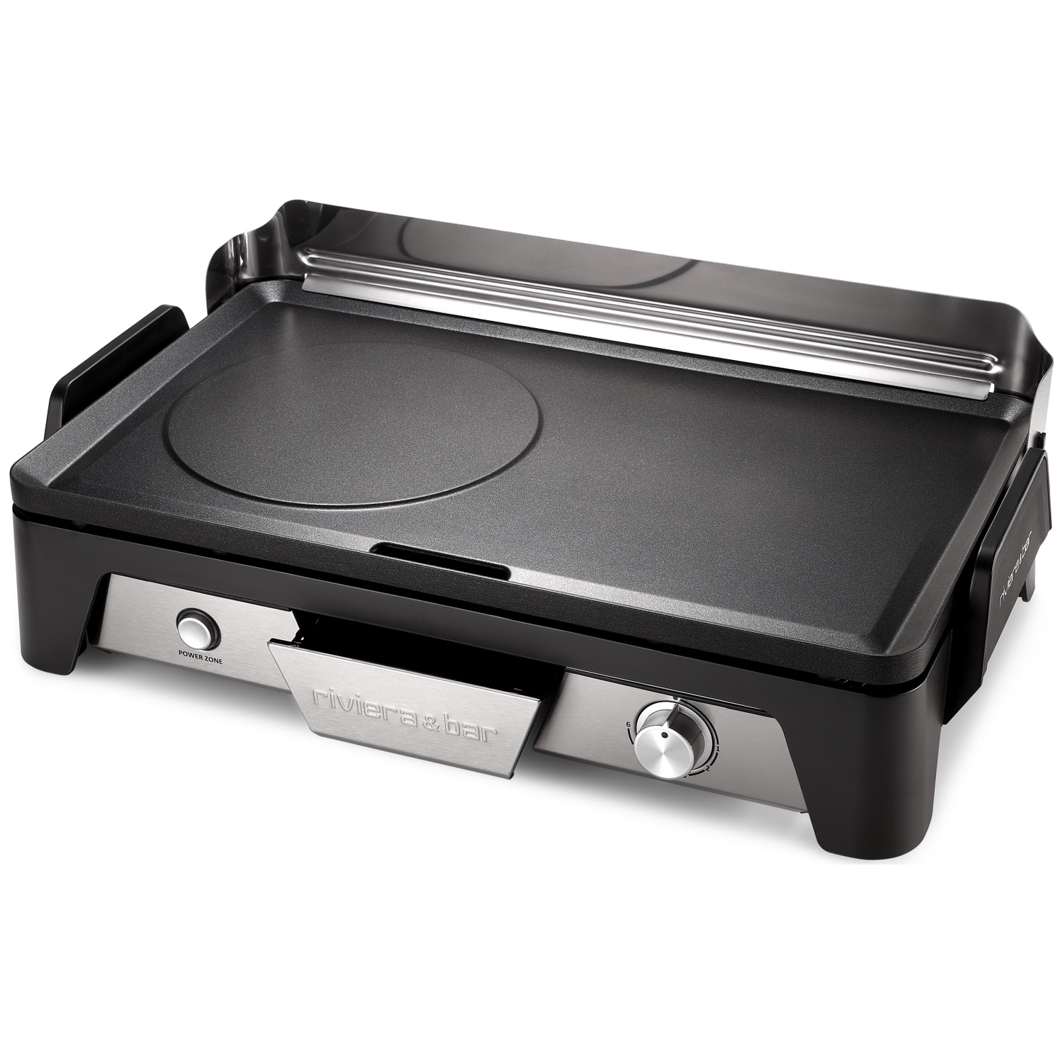 Elektrische grill met zwart rooster en zilver bedieningspaneel.
