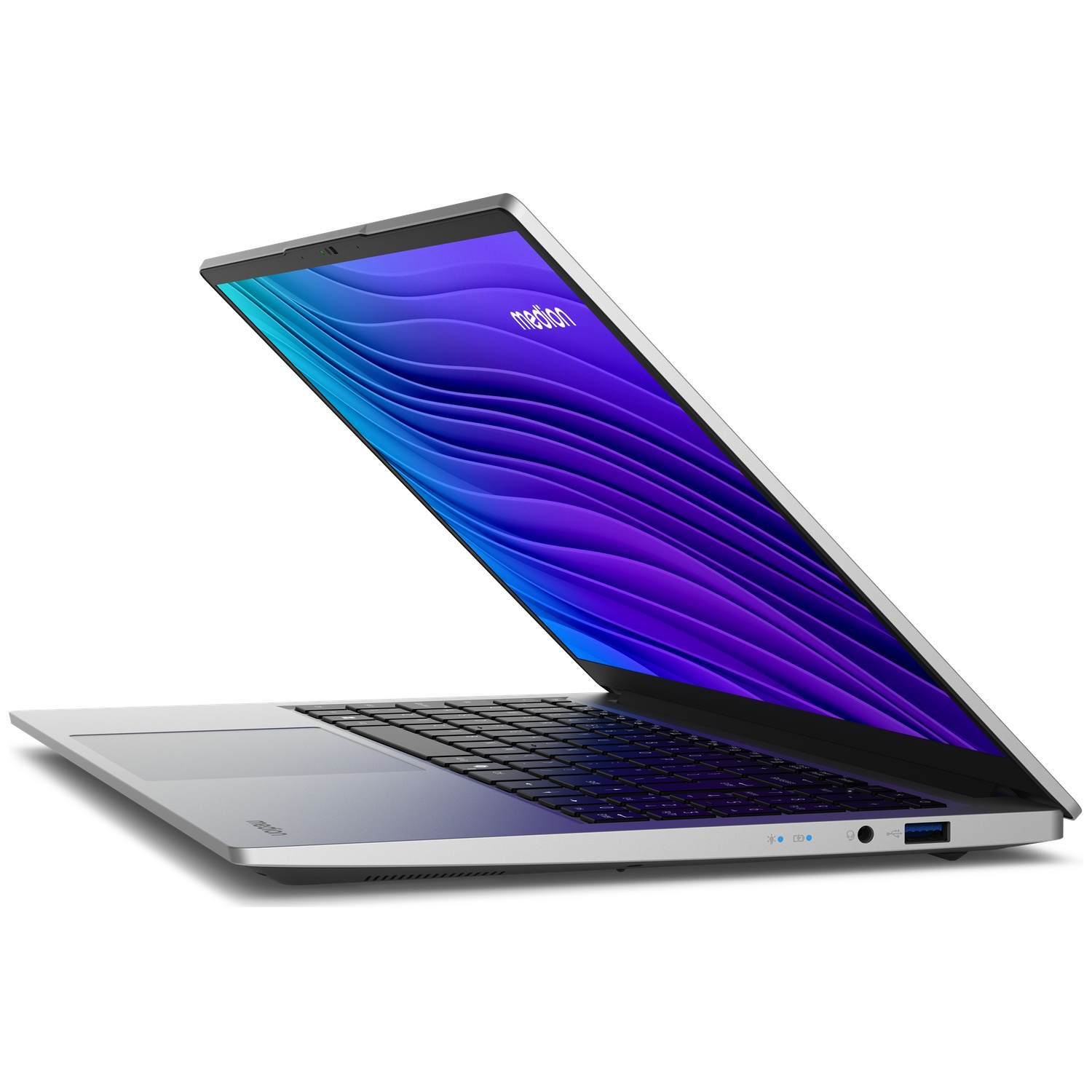 Een zilveren laptop is open, met een levendige blauw-paarse abstracte achtergrond op het scherm.