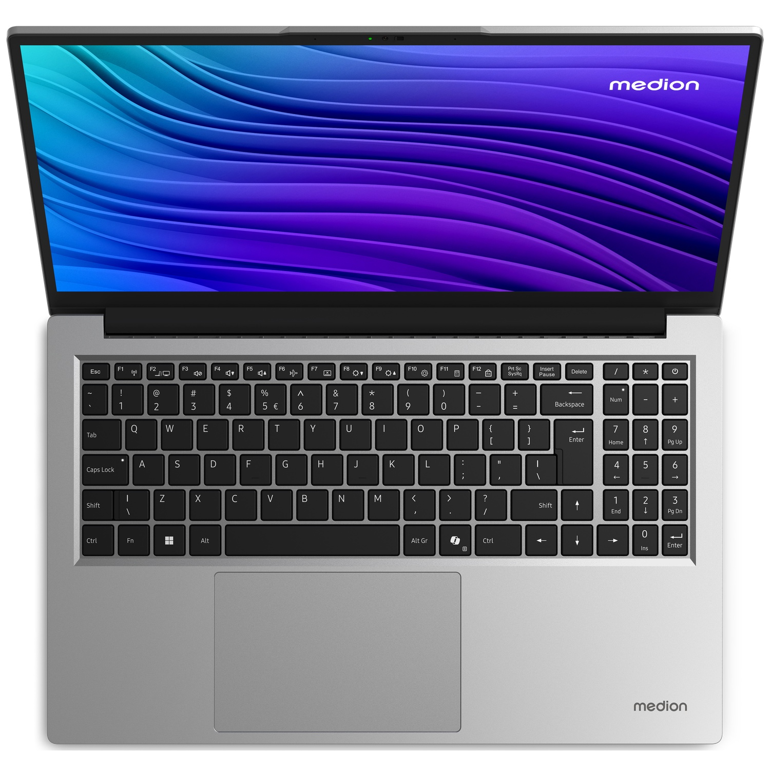 Een open zilveren Medion laptop met een blauw en paars golvend patroon op het scherm.
