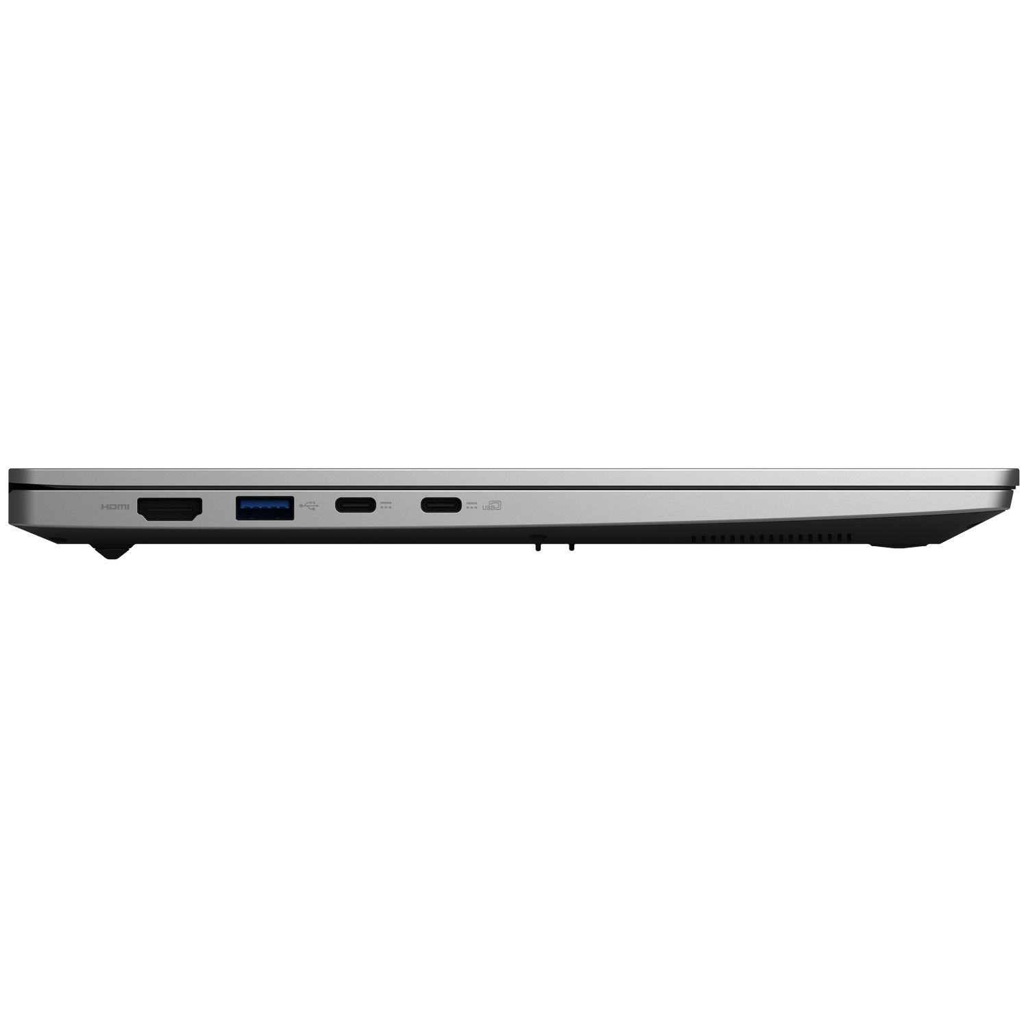 Zijzicht zilveren laptop met HDMI, USB-A, twee USB-C poorten en SD-kaartlezer.
