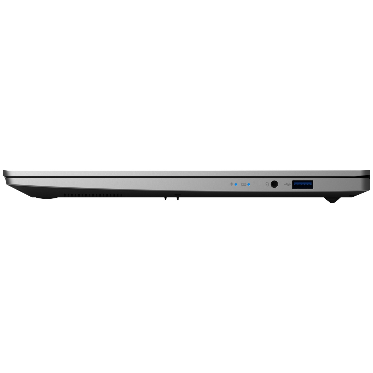 Zilver profiel laptop met poorten: USB, koptelefoonaansluiting, oplaadindicatoren.