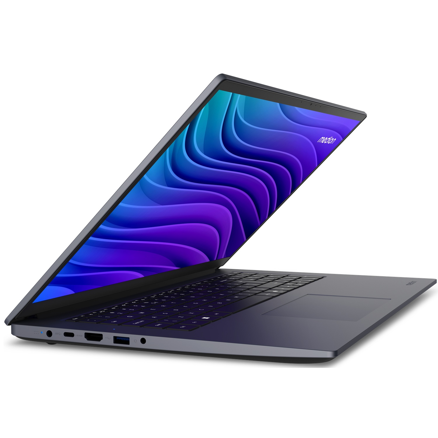 Een geopende, donkergrijze laptop met een kleurrijke achtergrondafbeelding op het scherm.