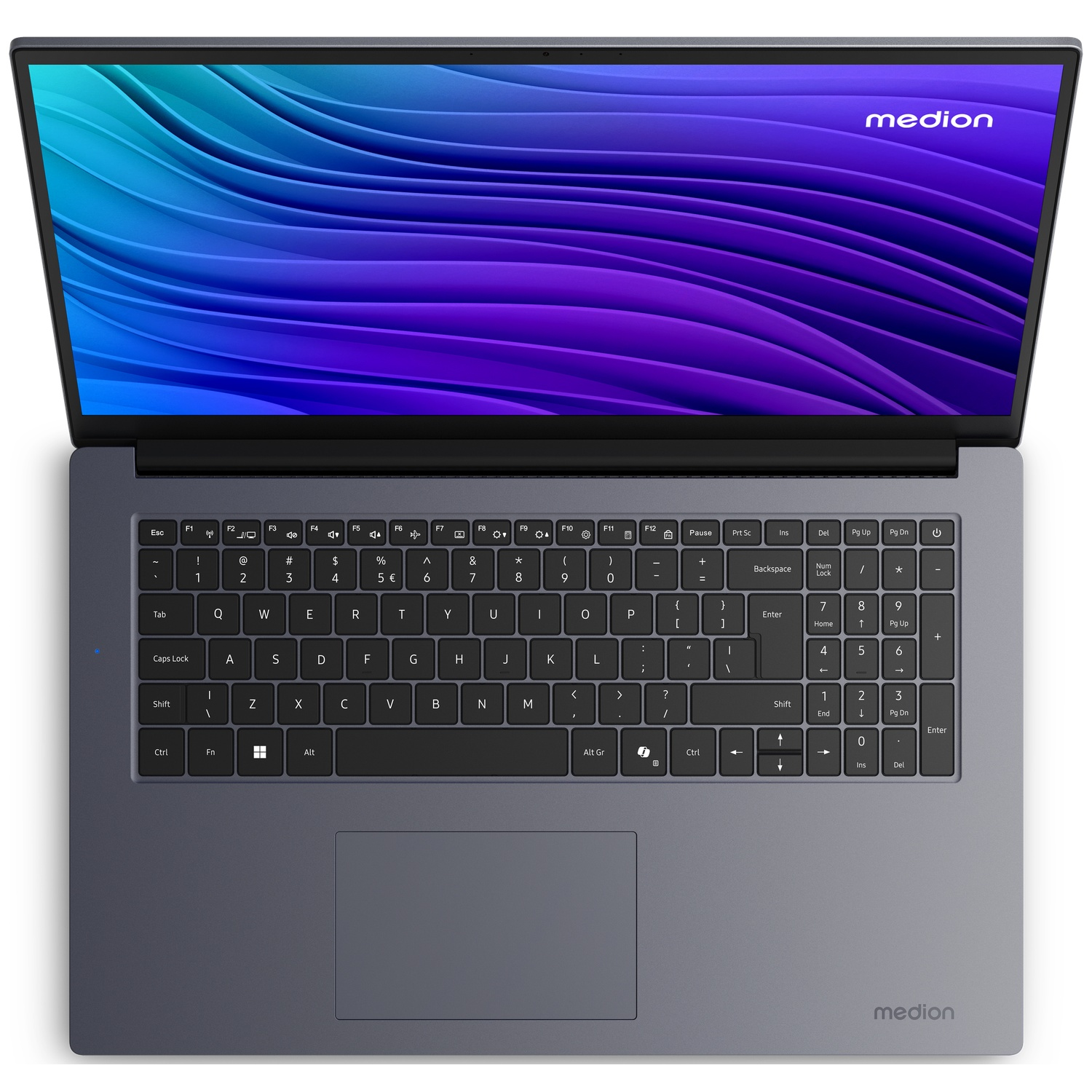 Een open grijze Medion laptop met een blauw en paars achtergrond op het scherm.