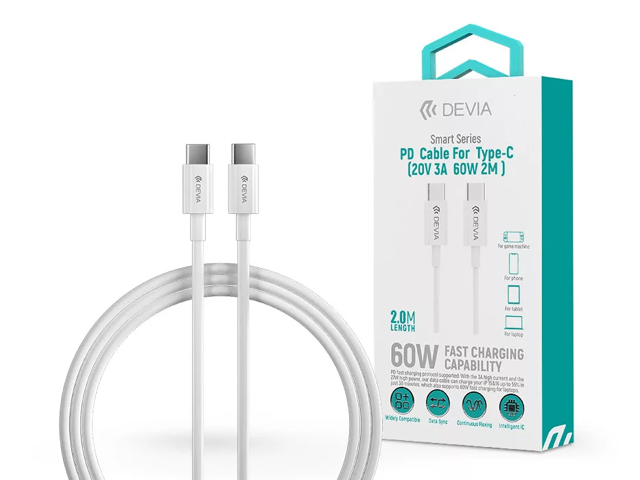 DEVIA Smart Series USB-C adat és töltőkábel, 60W, 2m, fehér (ST379734)