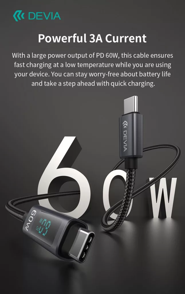 Szürke USB-C kábel digitális kijelzővel, amely 60W-ot mutat.
