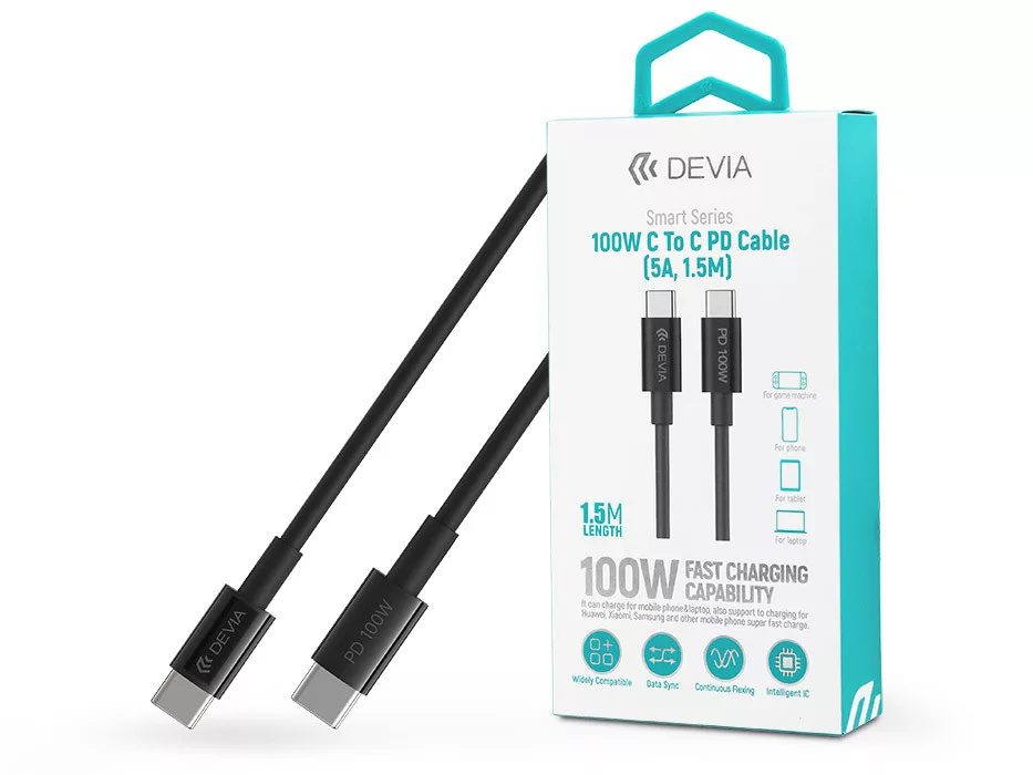 DEVIA Smart Series USB-C, adat és töltőkábel, 100W, 1,5m, fekete (ST111110)