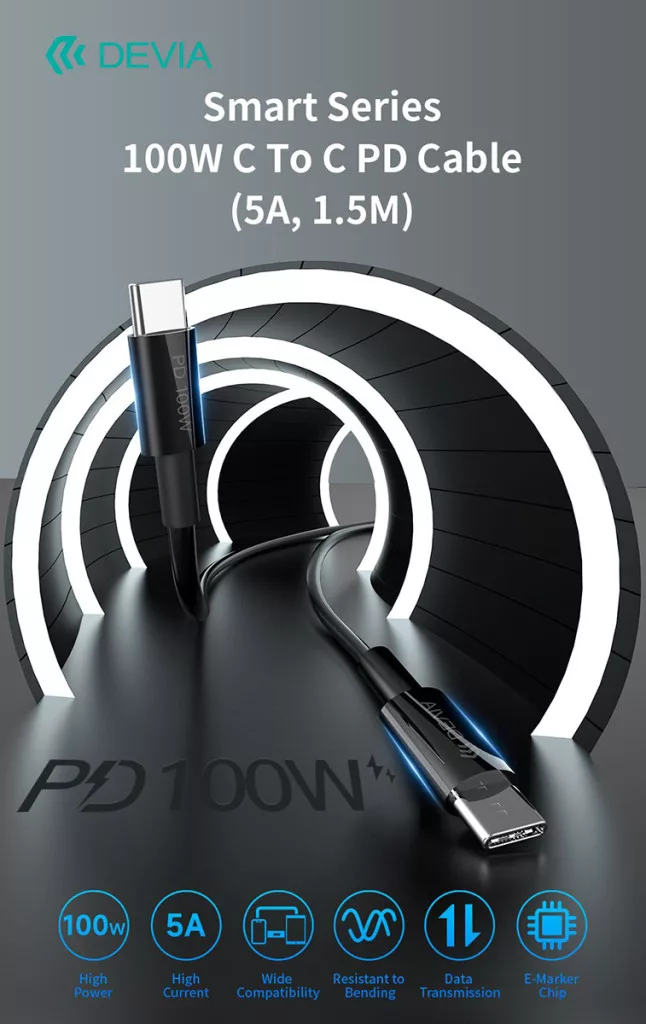 Fekete USB-C kábel fehér háttérvilágítással. PD 100W.