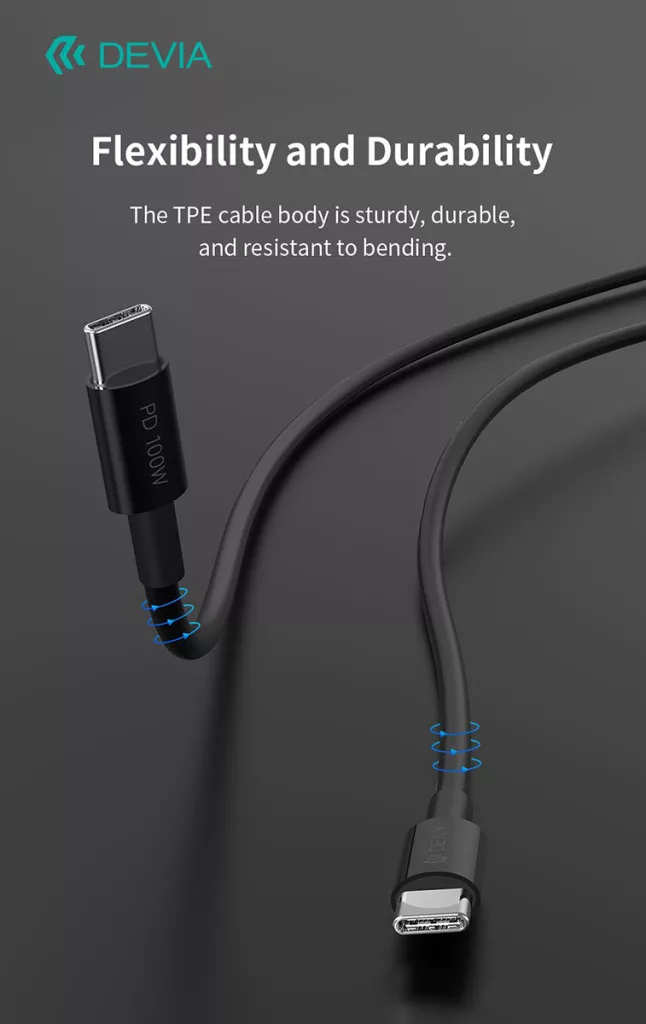 Egy fekete USB-C kábel két csatlakozóval, az egyik PD 100W felirattal.