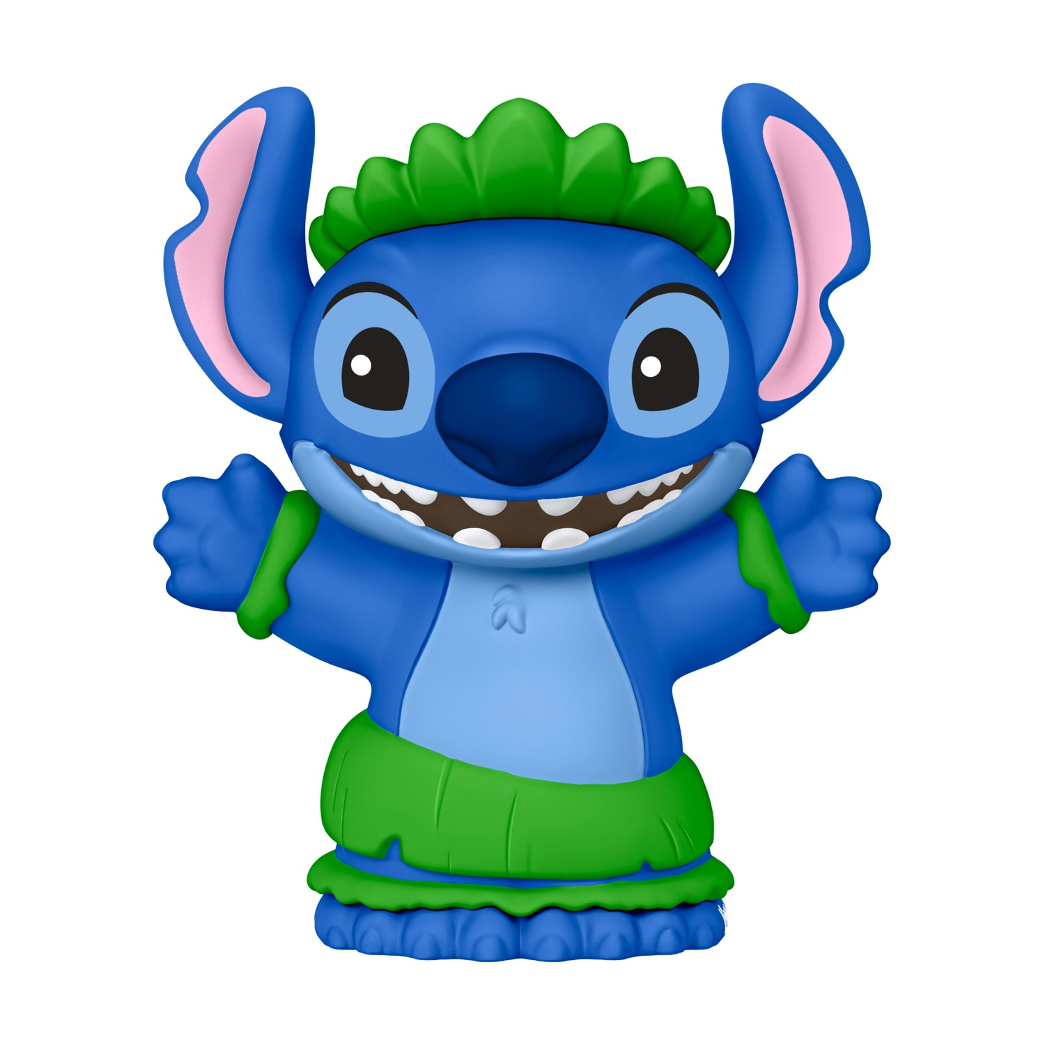 Stitch con corona di frutta verde e gonna hawaiana su sfondo bianco.
