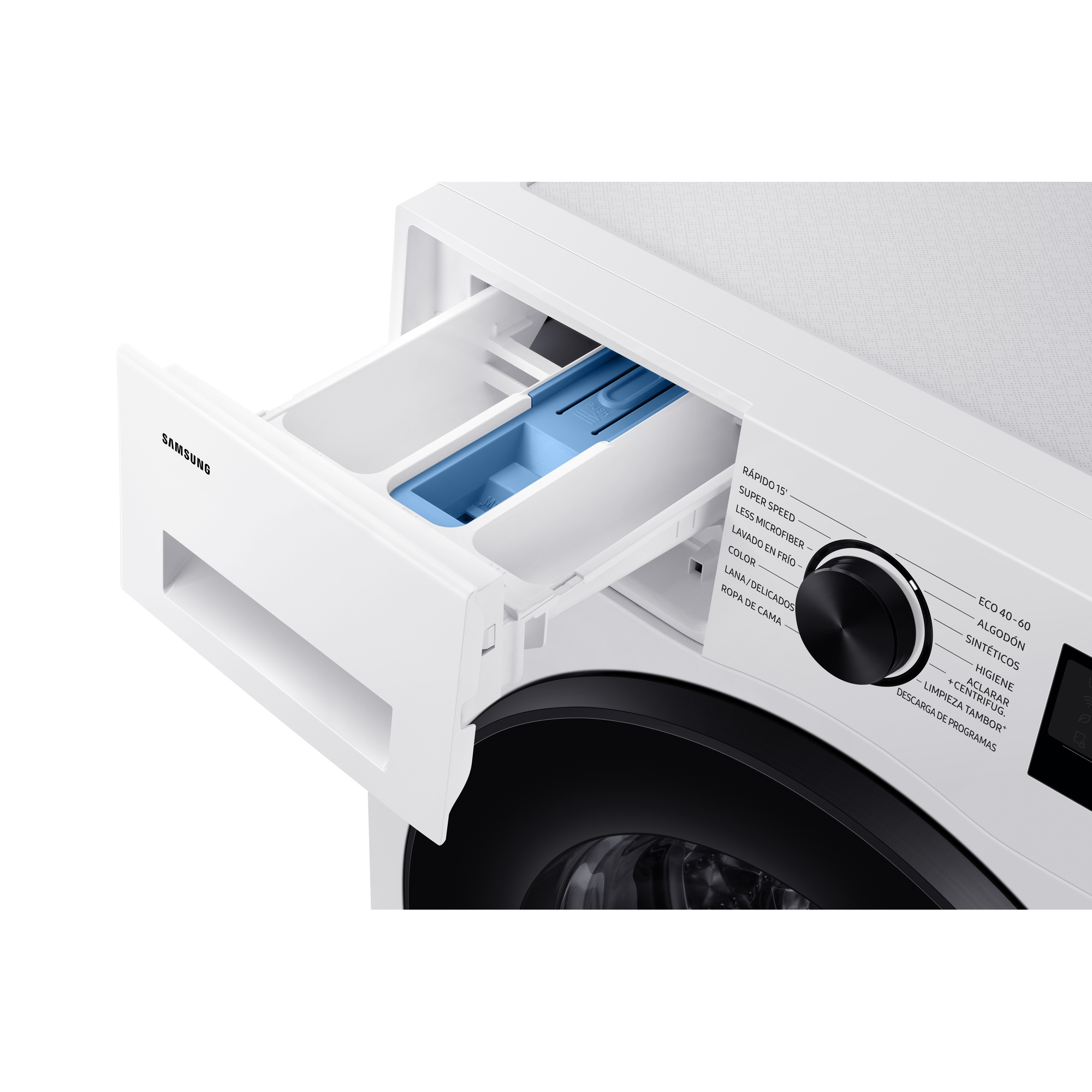 Lavadora Samsung blanca con cajón de detergente parcialmente abierto.