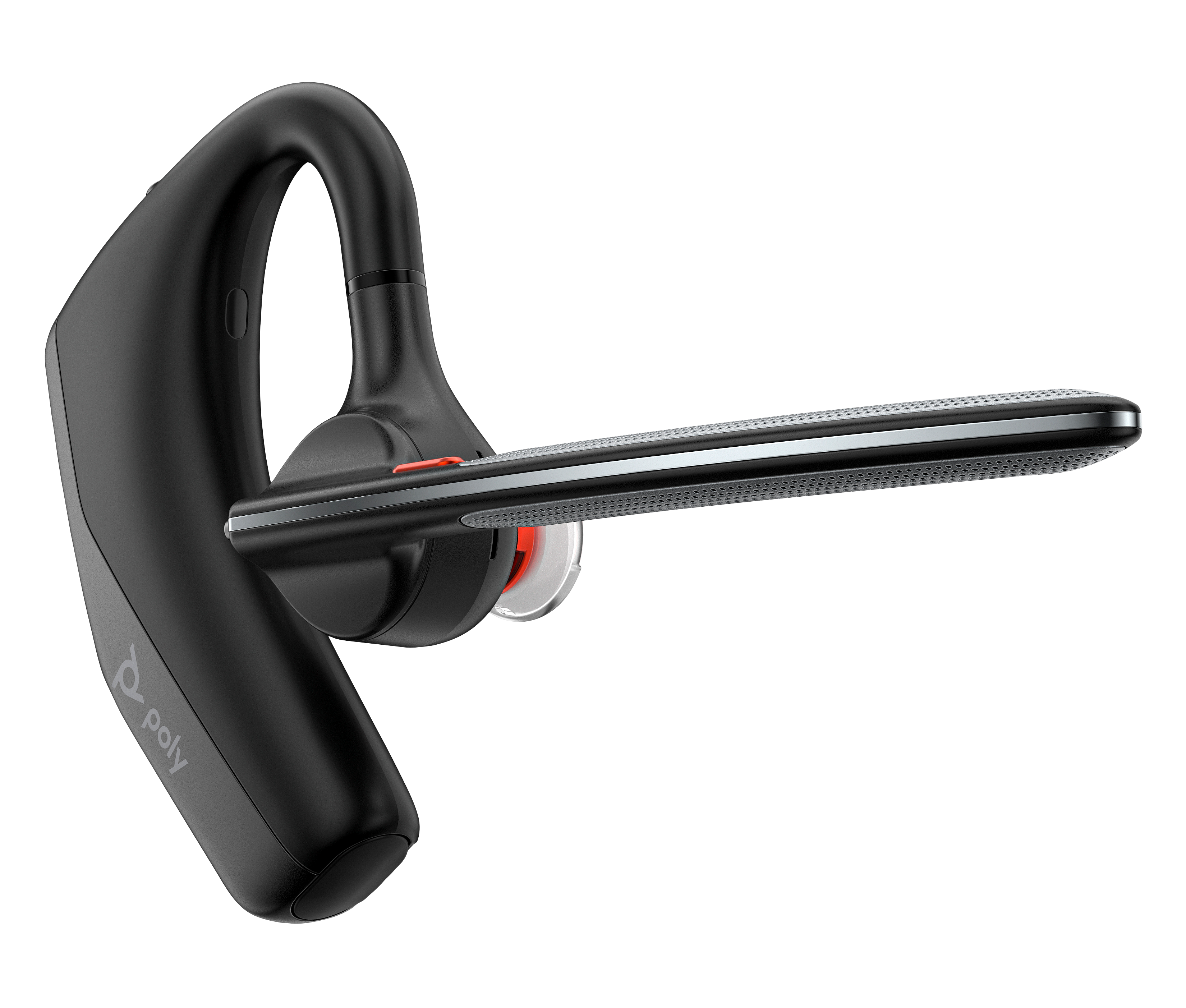 Ein schwarzer Poly-Headset mit roter Taste, auf schwarzem Hintergrund.