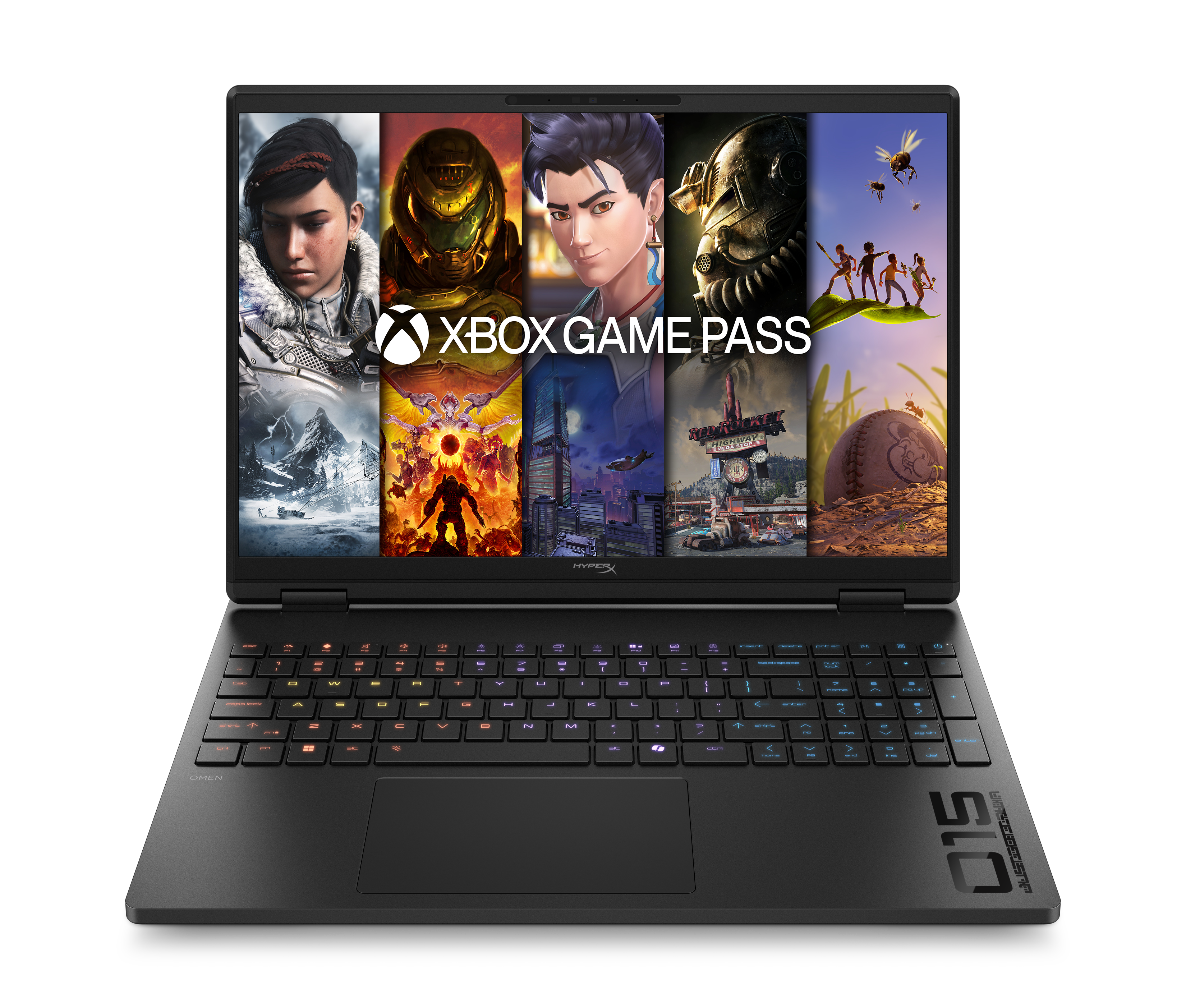 Otwarty laptop wyświetla grafiki gier Xbox Game Pass na ekranie.