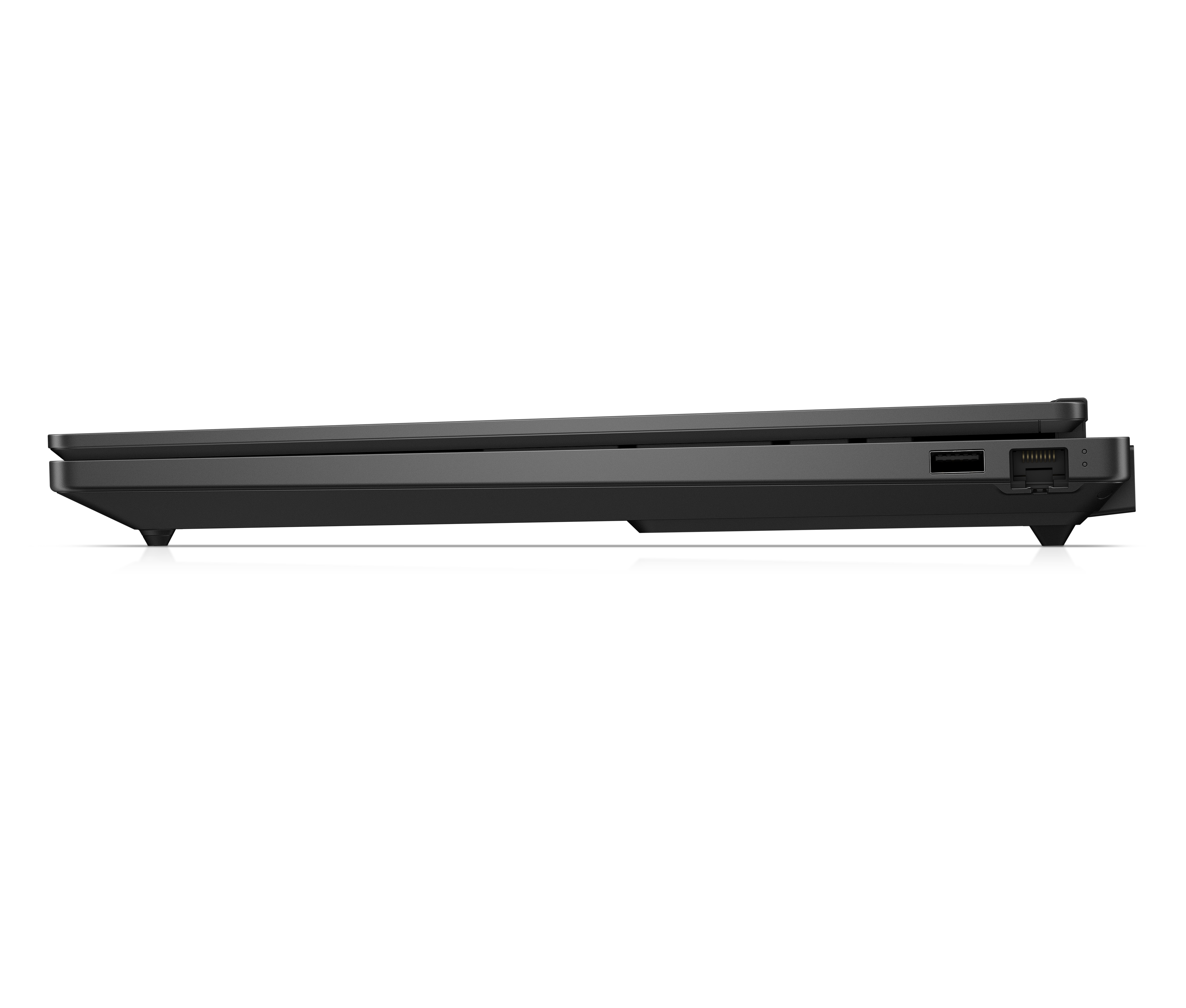 Widok z boku czarnego laptopa z portami USB i sieciowymi.