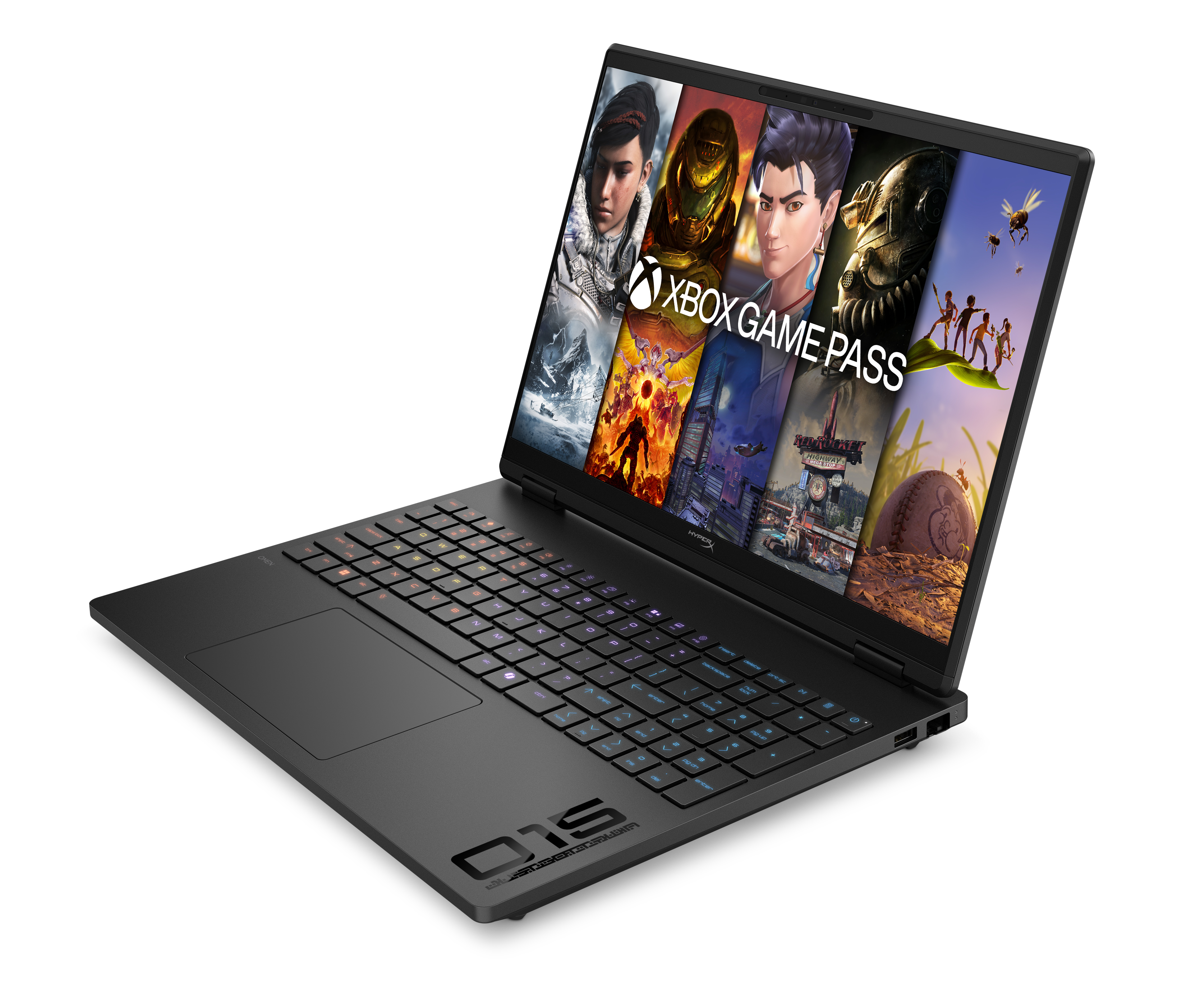 Czarny laptop z otwartym ekranem, pokazujący baner Xbox Game Pass i grafiki gier.