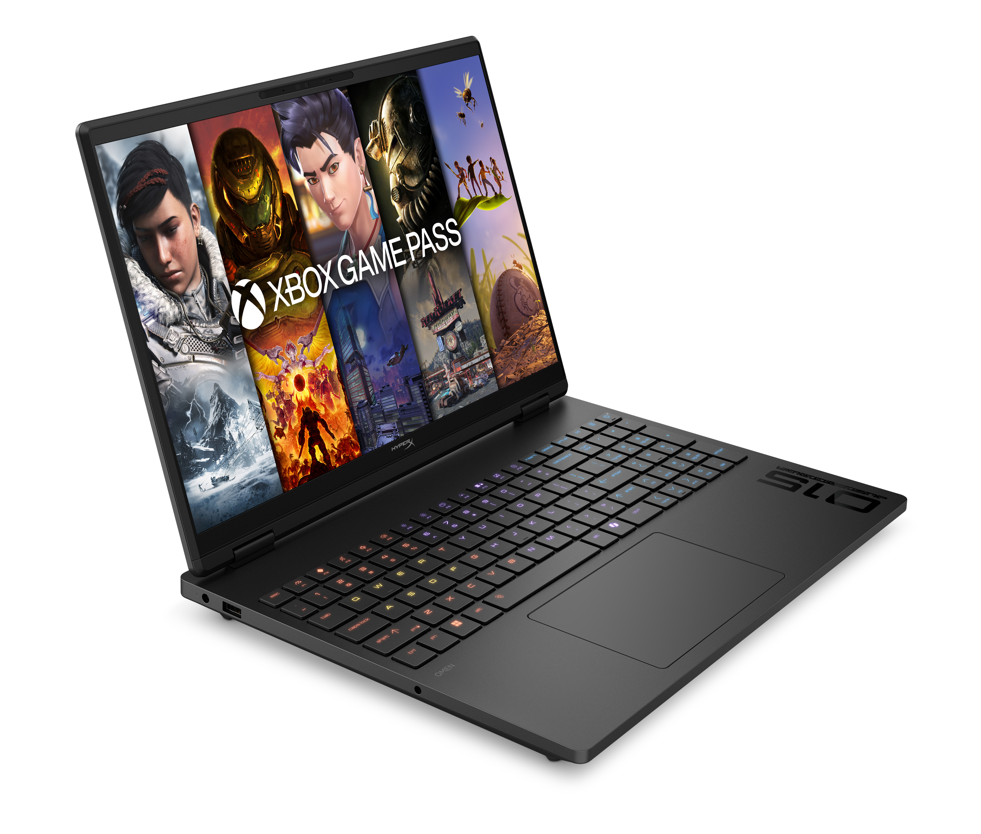 Otwarty laptop z kolorowym wyświetlaczem Xbox Game Pass i podświetlaną klawiaturą.