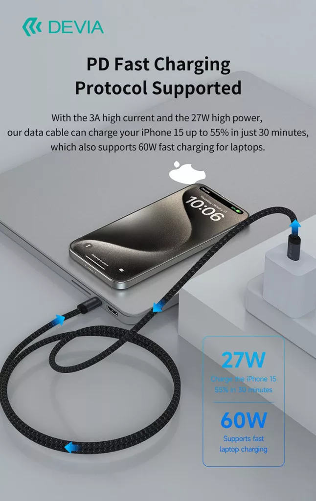 Egy fekete töltőkábel gyorsan tölt fel egy iPhone-t és egy laptopot.