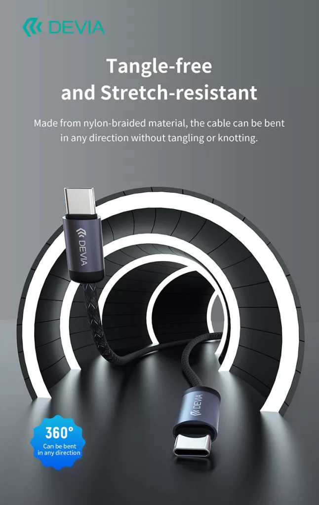 Egy DEVIA USB-C kábel 360°-os hajlíthatósággal, gubancolódásmentes kialakítás.