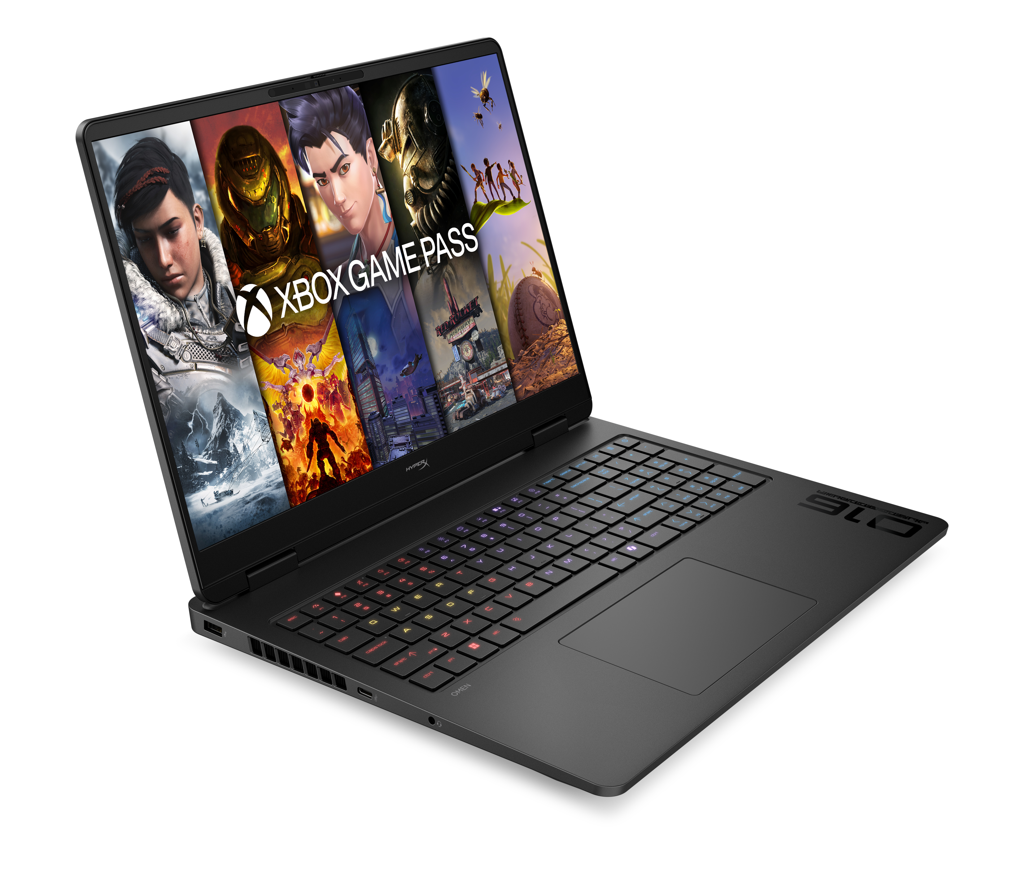 Schwarzer Laptop mit Xbox Game Pass-Startbildschirm, der Spielebilder zeigt.