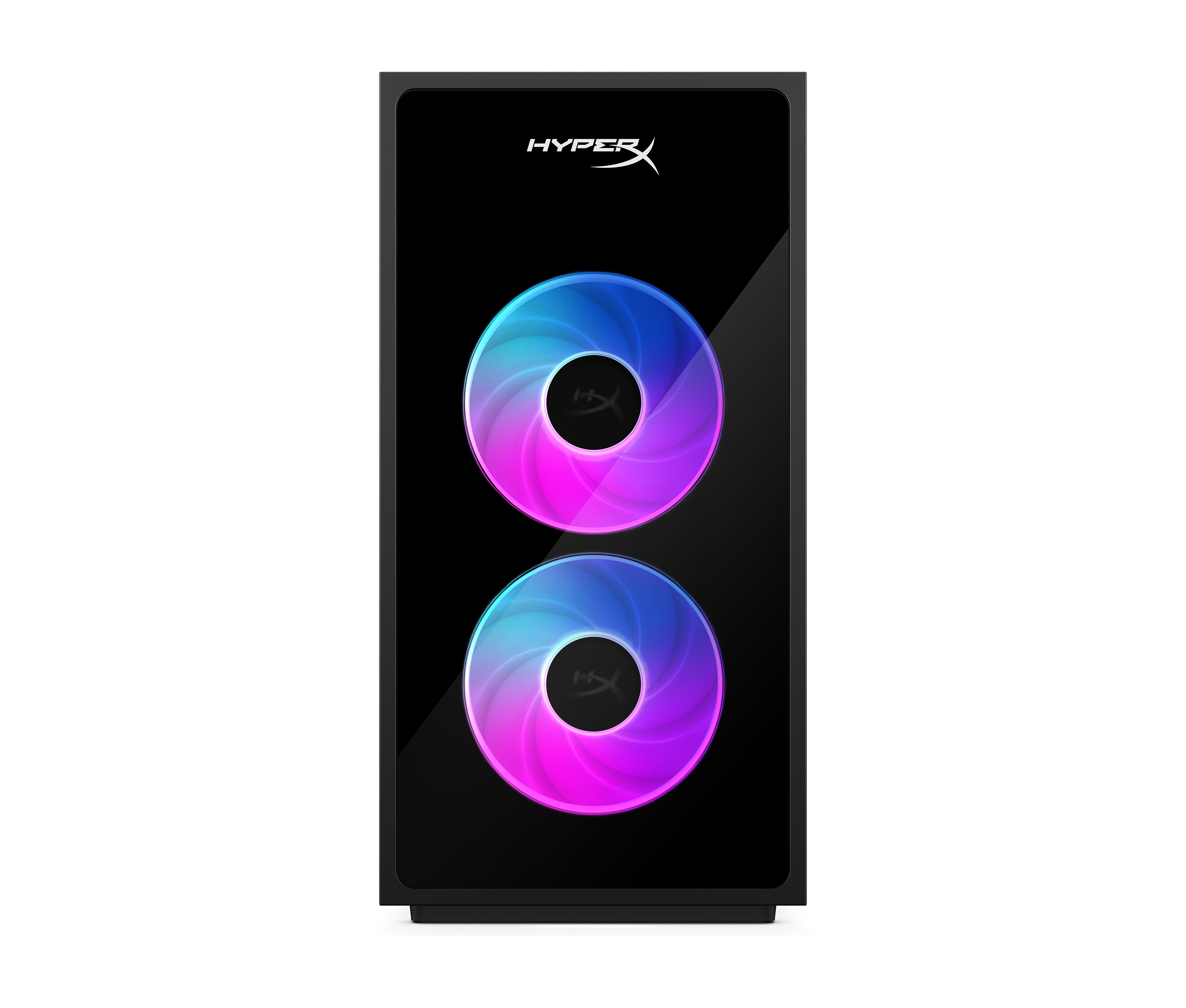 Ein schwarzer PC-Turm mit zwei RGB-Lüftern und HyperX-Logo.