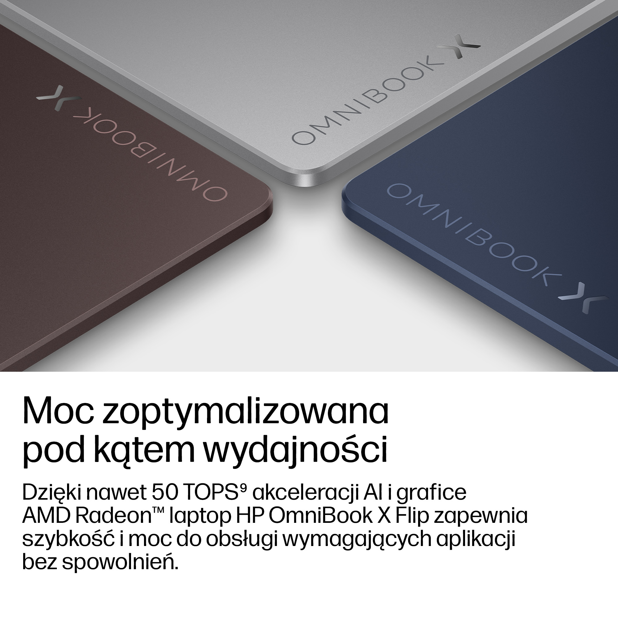 Trzy laptopy HP OmniBook X w kolorze brązowym, srebrnym i niebieskim.