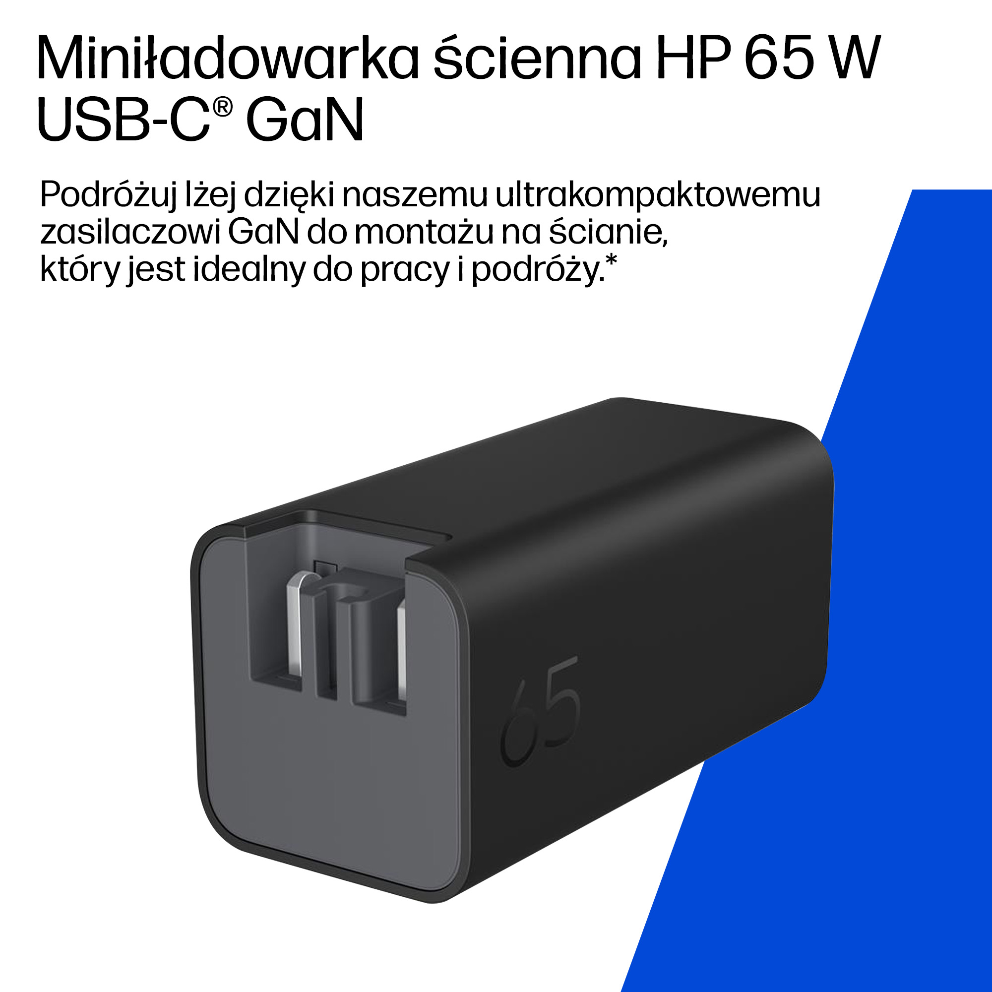 Czarna ładowarka GaN USB-C z cyfrą 65 na boku, z tekstem.