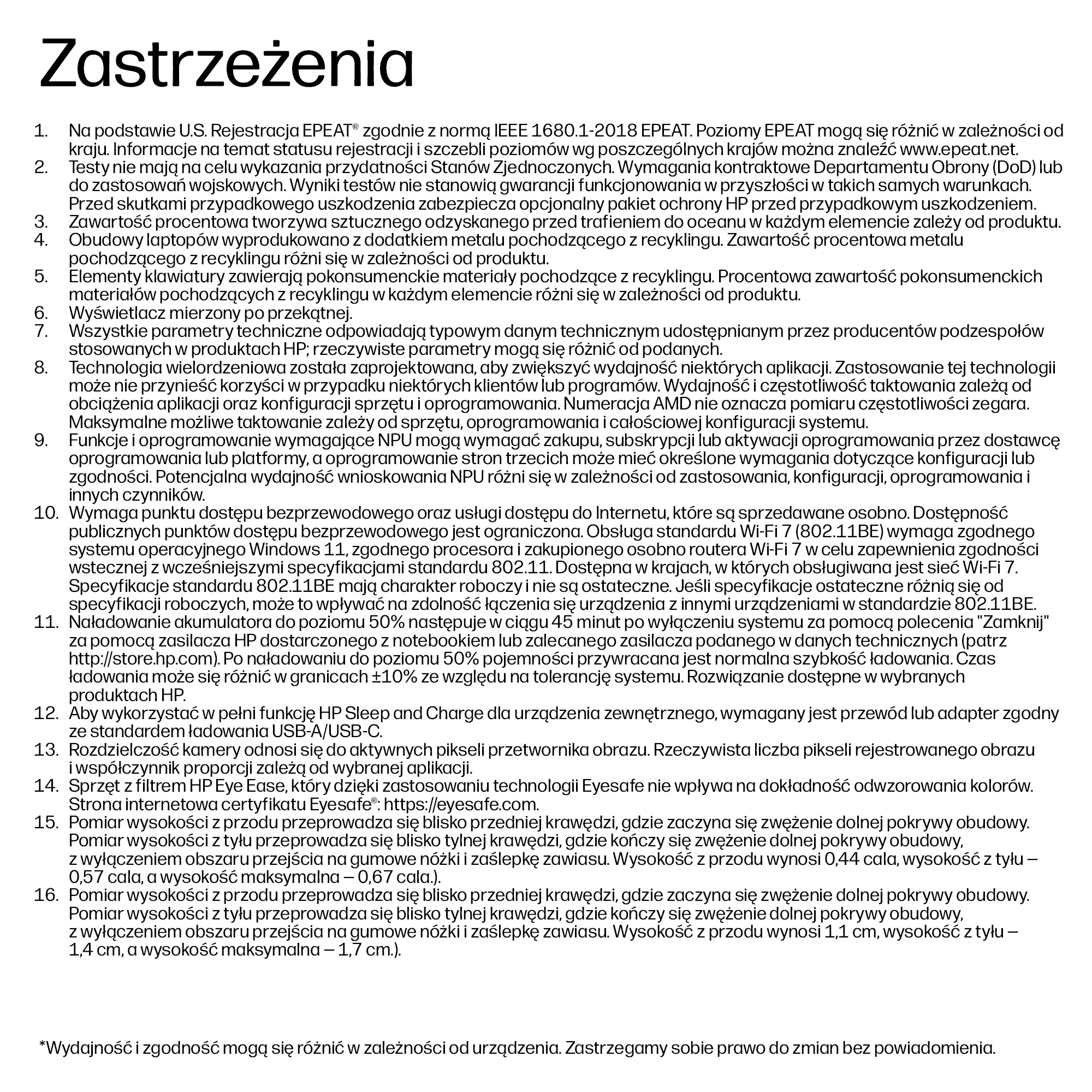 Tekst dotyczący rejestracji EPEAT, testów, materiałów, wydajności i funkcji HP.