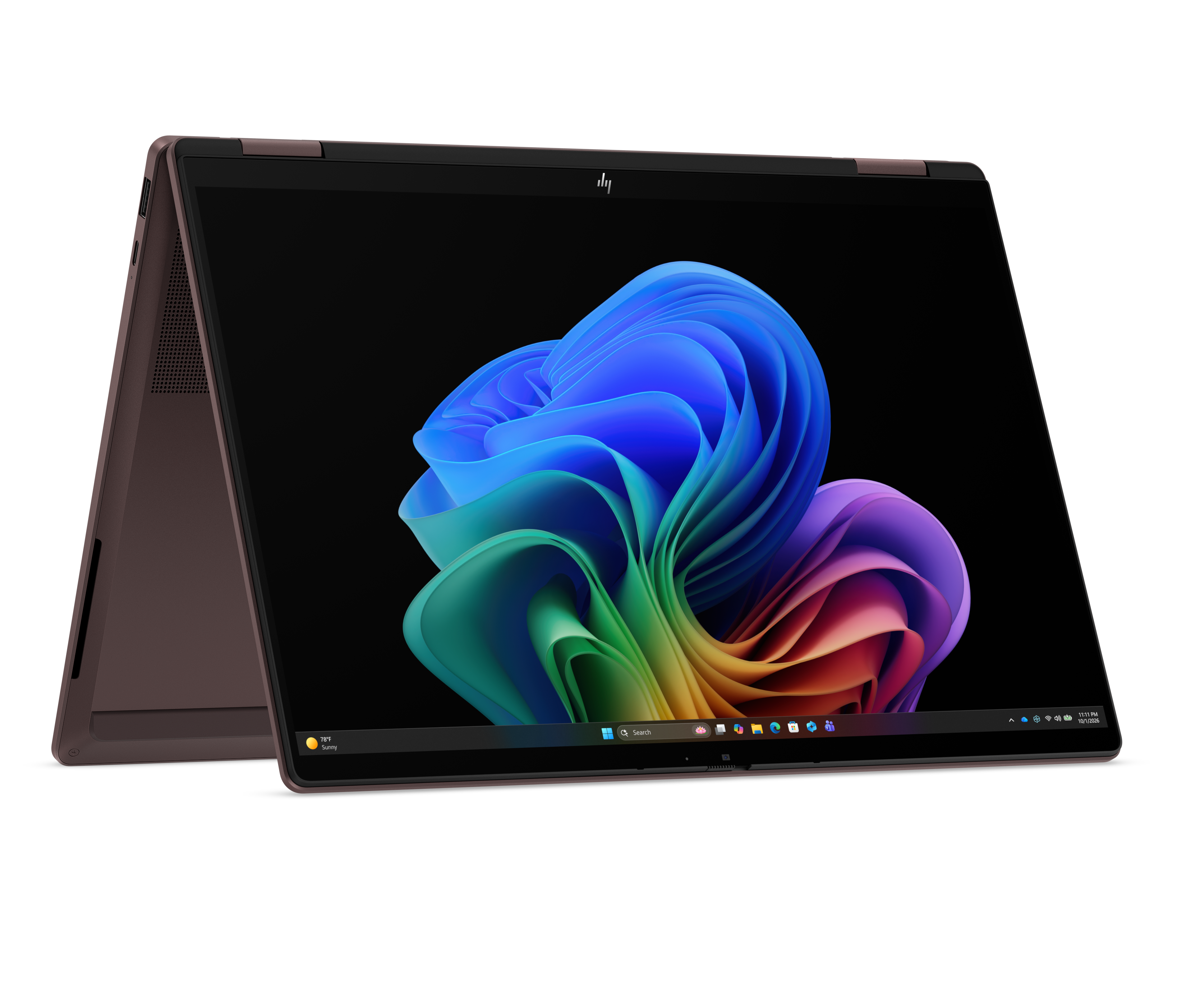 Otwarty brązowy laptop z kolorową tapetą i paskiem zadań.