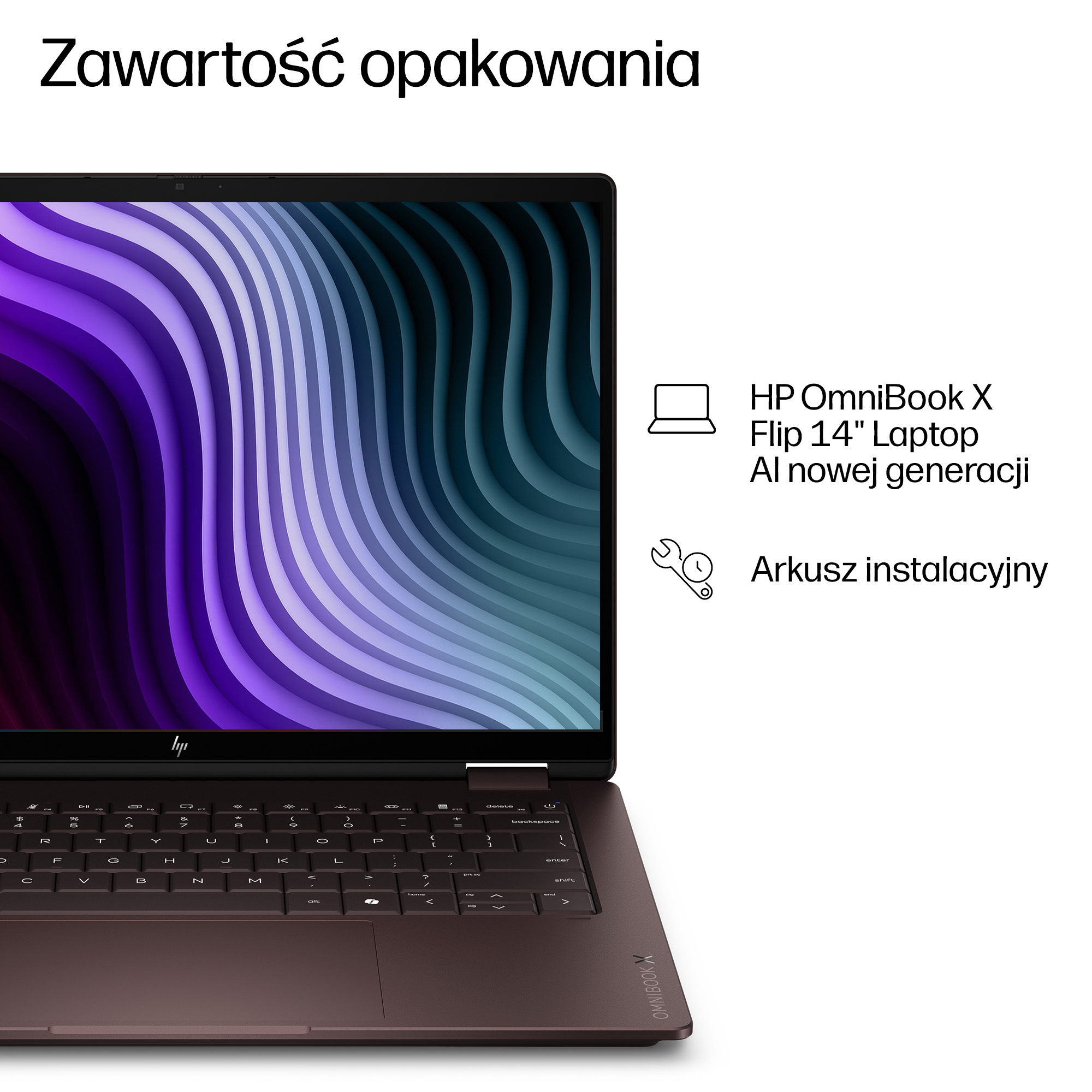 Laptop HP OmniBook X Flip 14" z klawiaturą i fioletowo-niebieską tapetą.