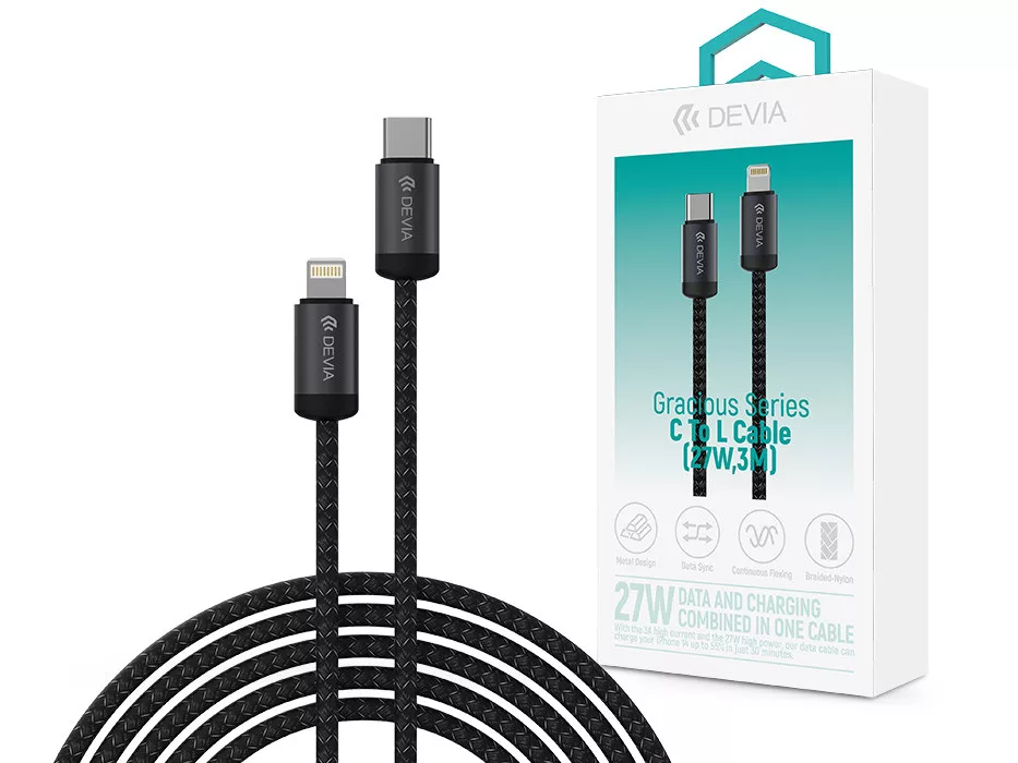 DEVIA Gracious Series USB-C Lightning adat és töltőkábel, PD 27W, 3m, fekete (ST124349)