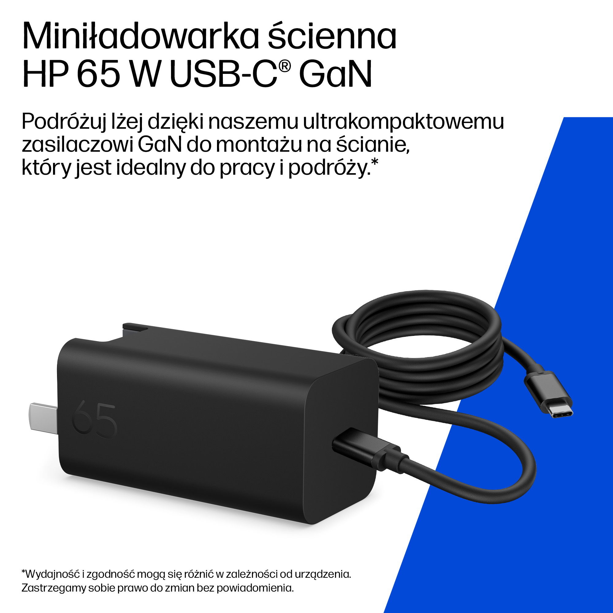 Czarna ładowarka GaN USB-C z kablem, 65W.