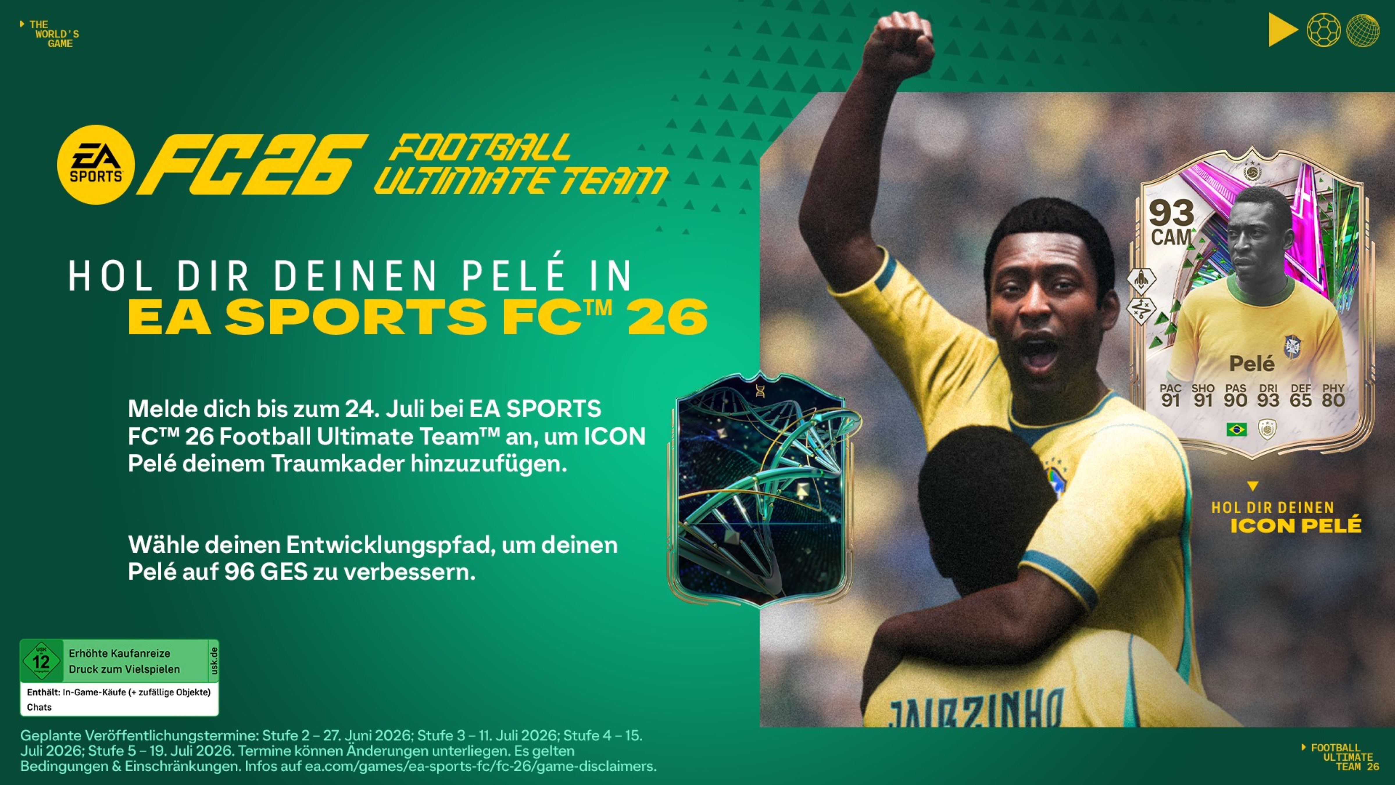 EA SPORTS FC 26 Werbung mit Pelé Karte und Fußballer im Jubel.