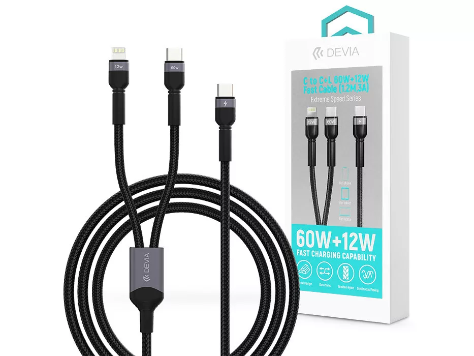 DEVIA Extreme Speed Series USB-C Lightning/USB-C adat és töltőkábel, 60W+12W, 1,2m, fekete (ST111653)