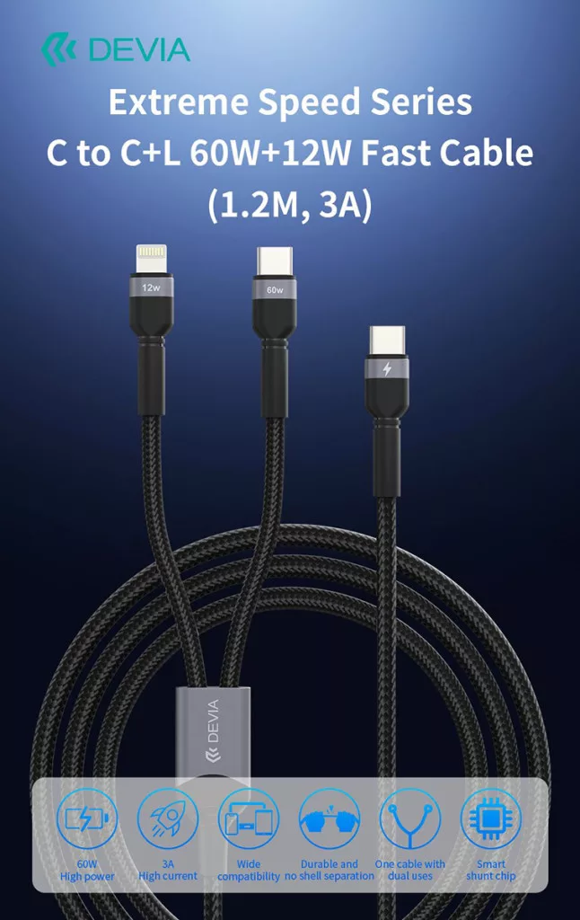 DEVIA C-C+L 60W+12W gyorstöltő kábel (1,2M, 3A) három csatlakozóval.