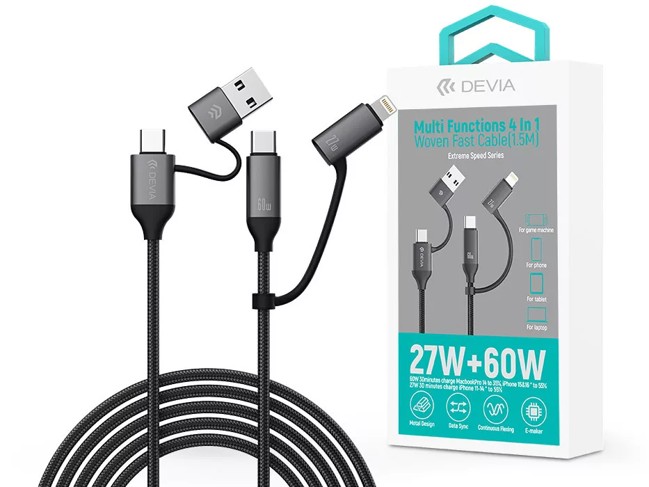 DEVIA Extreme Speed Series 4az1-ben USB-A, USB-C, Lightning adat és töltőkábel, 27/60W, fekete (ST121553)