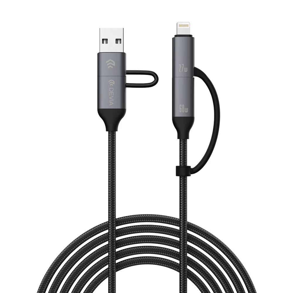 Egy szürke USB-A Lightning kábel 27W és 60W jelölésekkel.