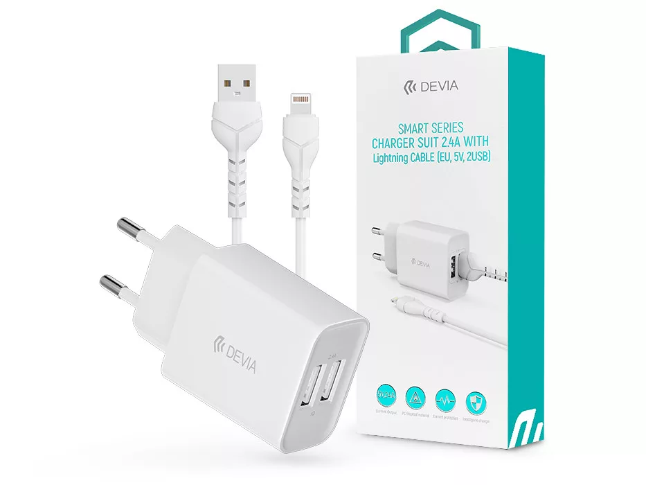 DEVIA Smart Series hálózati töltő adapter kábellel, 2xUSB-A + USB-A Lightning , 12W, 1m, fehér (ST361395)