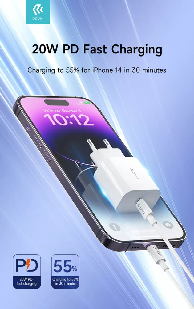 Fehér Devia töltő és kábel iPhone 14 töltéséhez. 20W PD gyorstöltés.