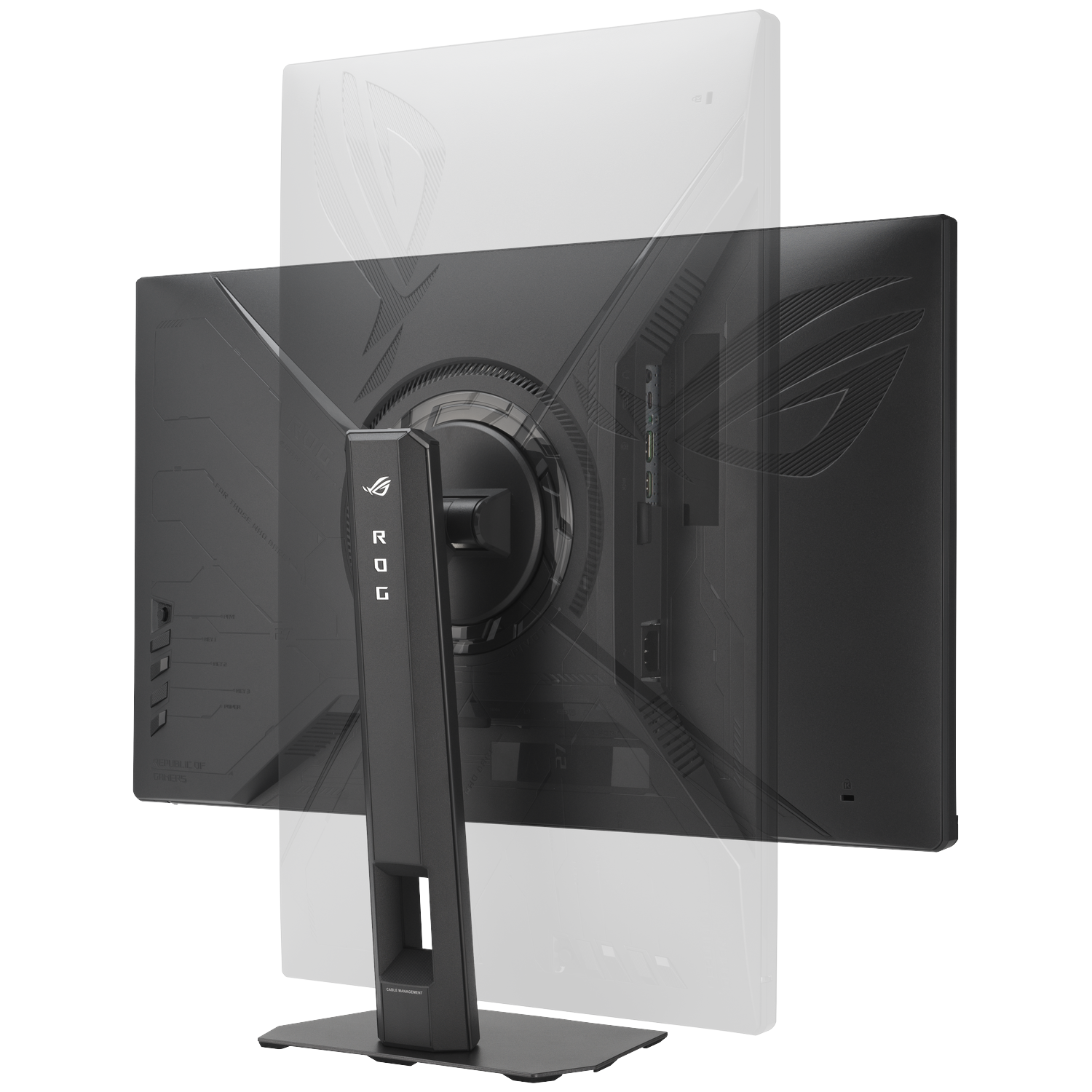 Back of a black monitor with ROG logo, ports, and stand. Transparent overlay.