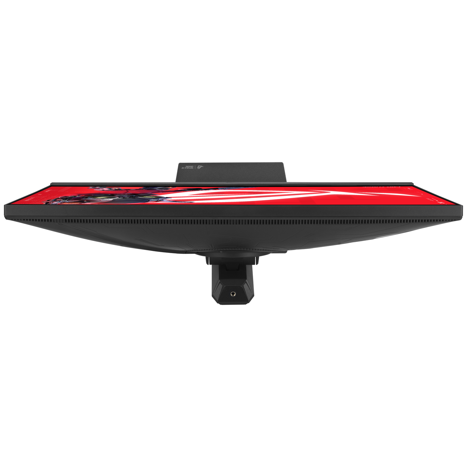 Black monitor with red pattern on screen and silver logo on stand.