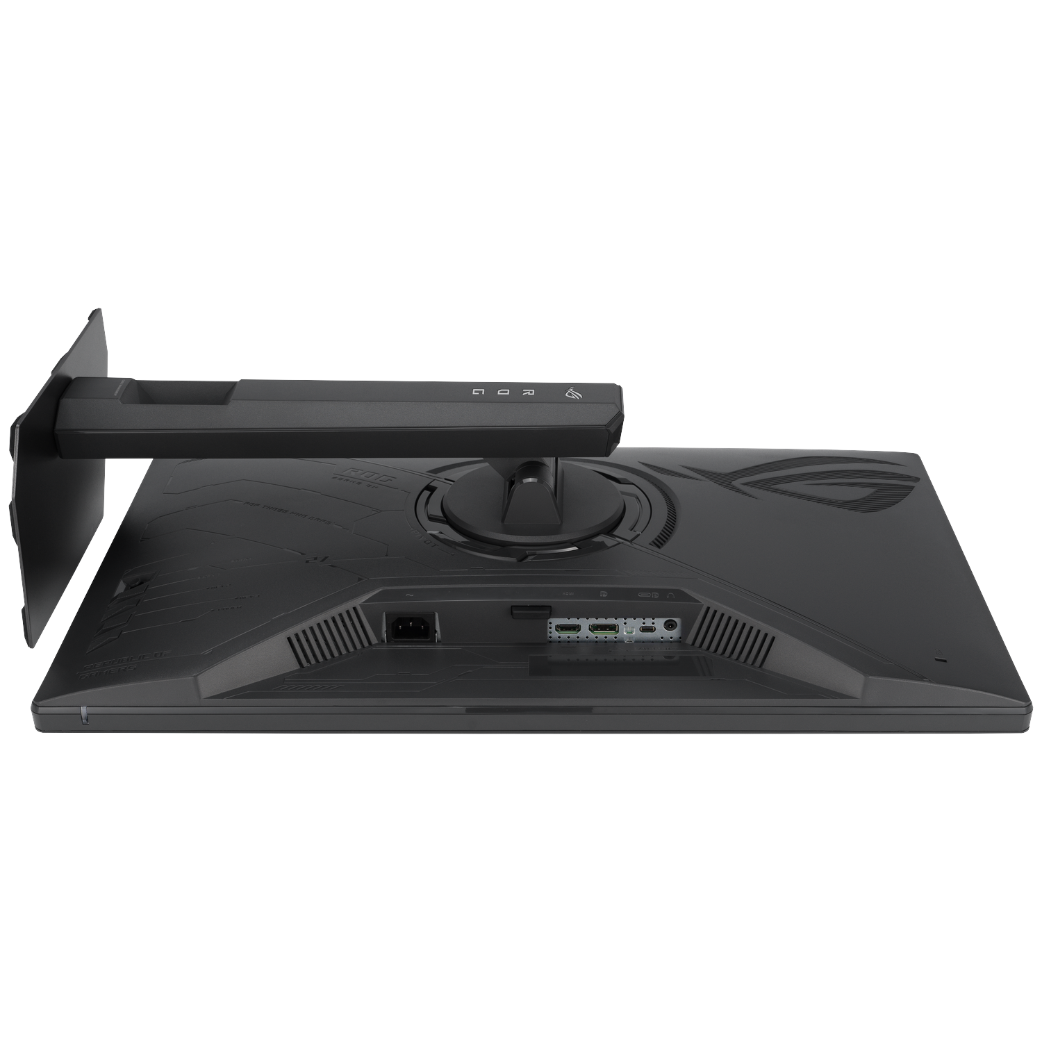 Back view of a black monitor with ports and stand.