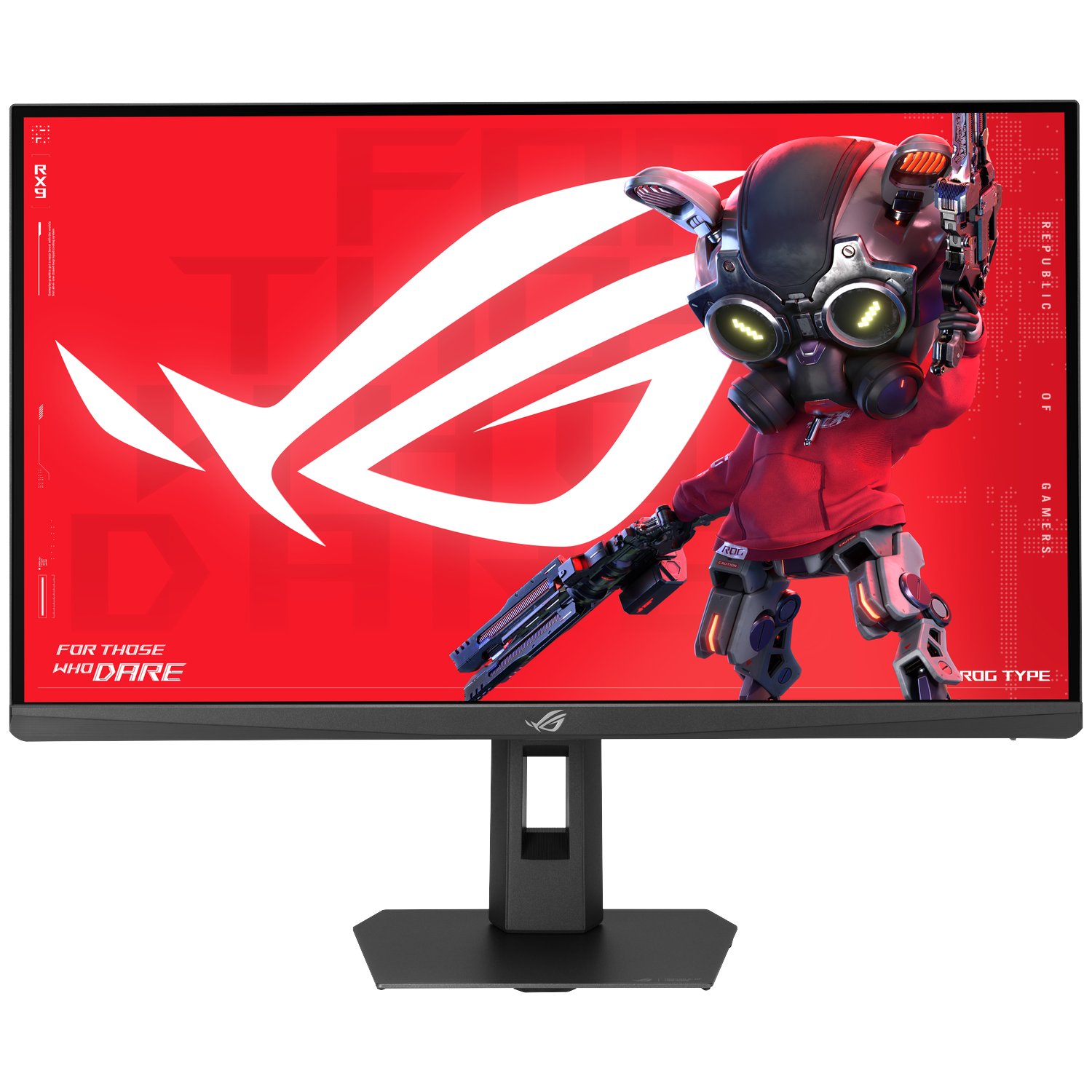 Een geanimeerd personage met gasmasker en wapen voor een rood ROG-logo.