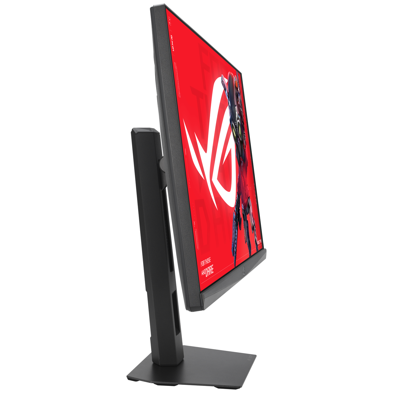 Zwarte gamingmonitor met ROG-logo en robotafbeelding op rode achtergrond.