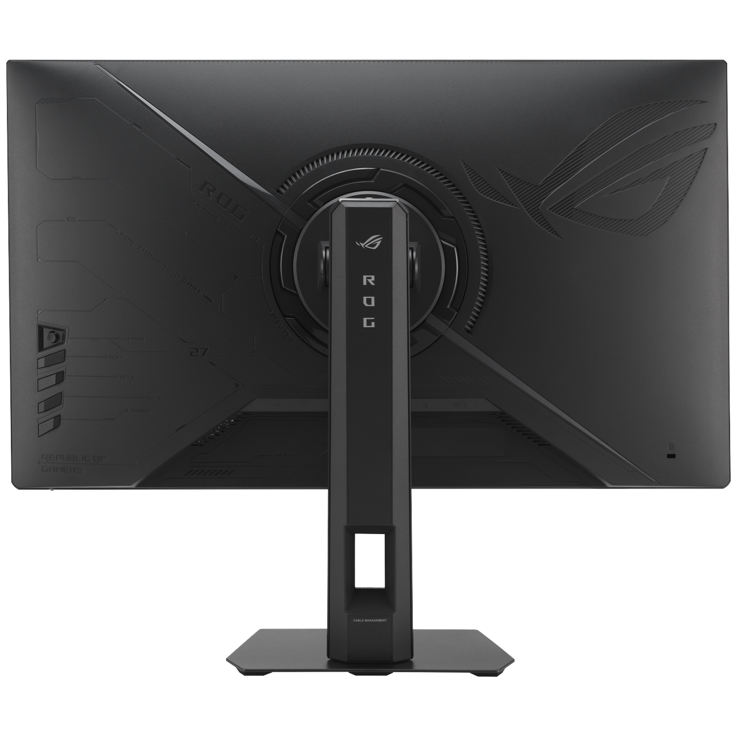 Achterkant van een zwarte monitor met ROG-logo en standaard.