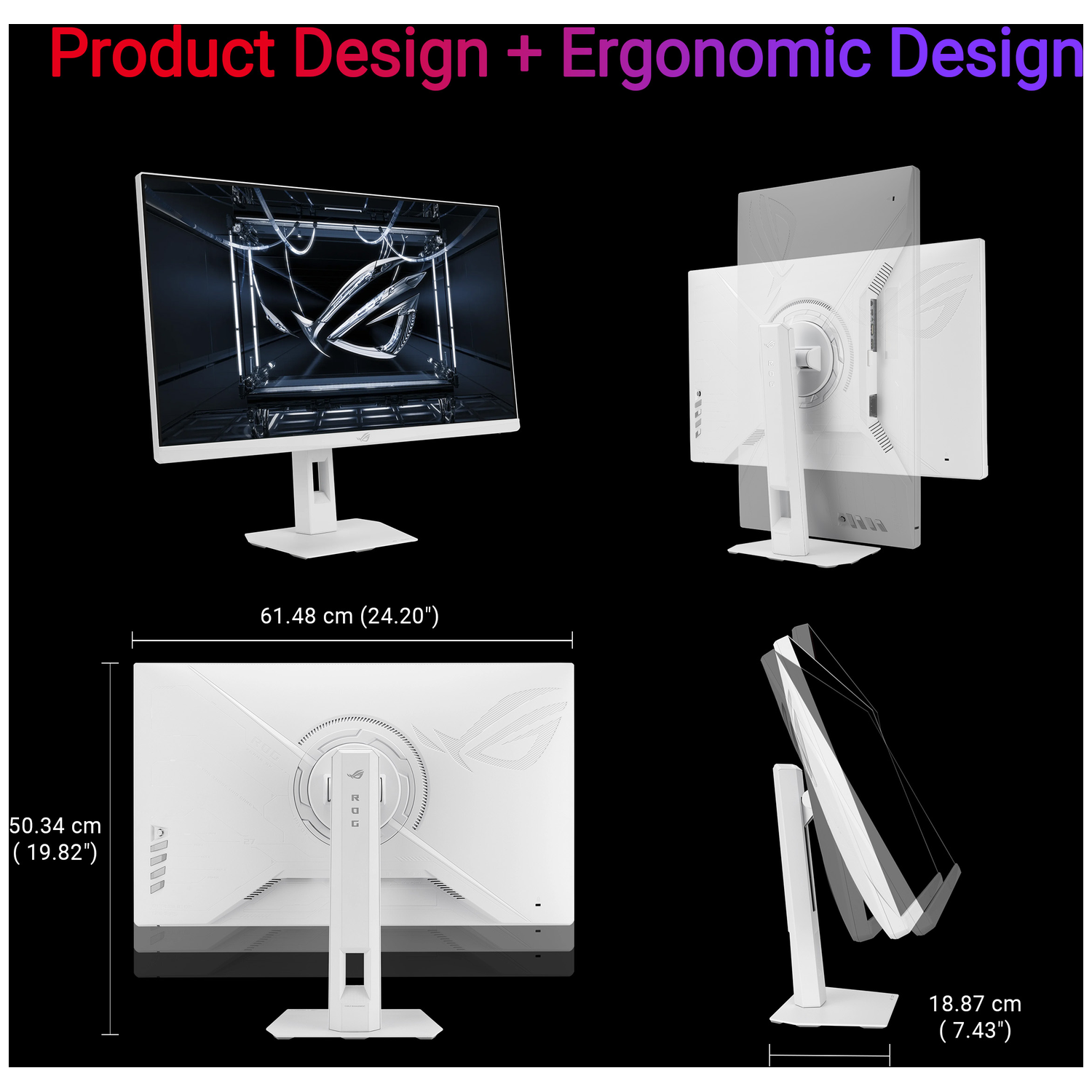 Witte monitor met ergonomische standaard, getoond vanuit voor-, achter- en zijaanzicht. Afmetingen.