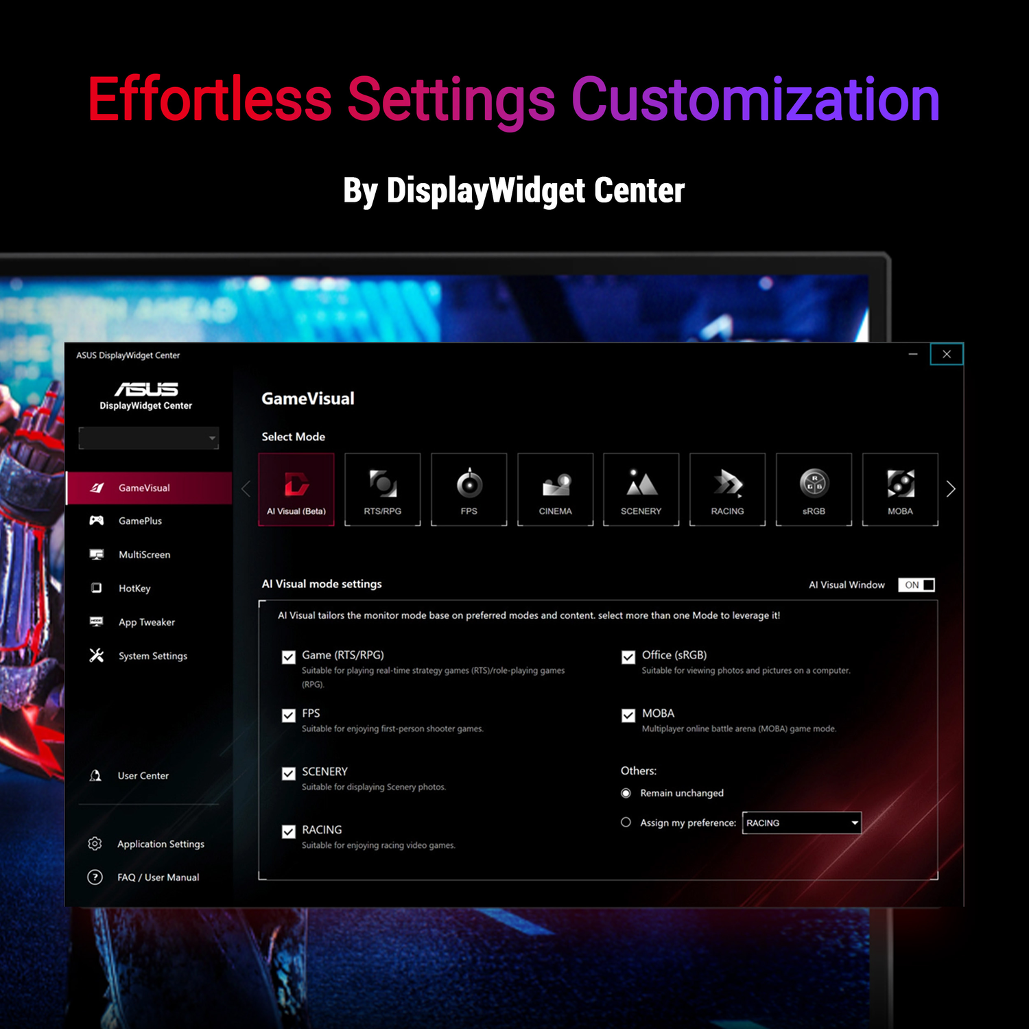 ASUS DisplayWidget Center toont GameVisual-instellingen. Modi: RTS/RPG, FPS, Cinema, Scenery, Racing, sRGB, MOBA.