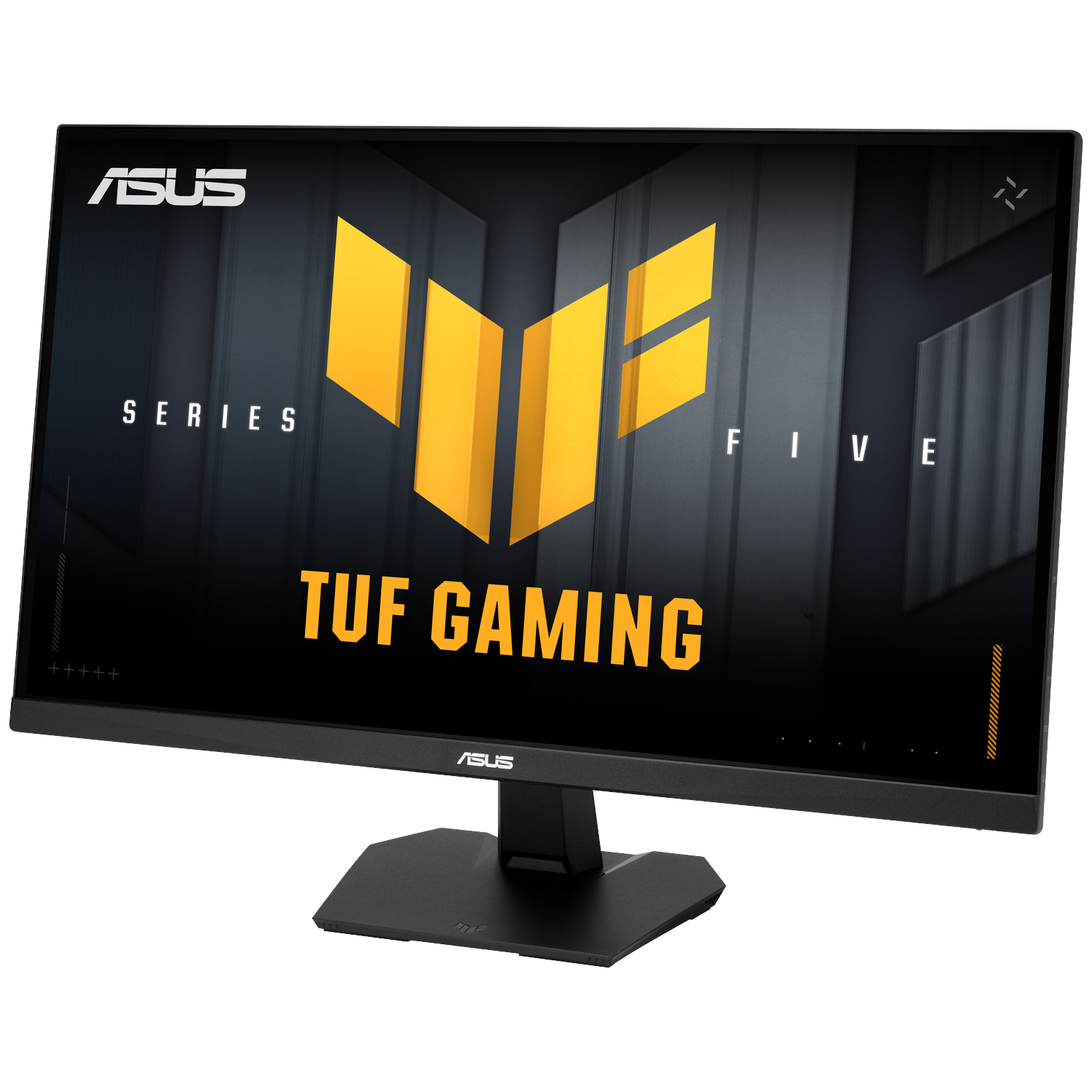 ASUS TUF Gaming monitor met zwart frame en standaard, toont een geel en zwart logo.