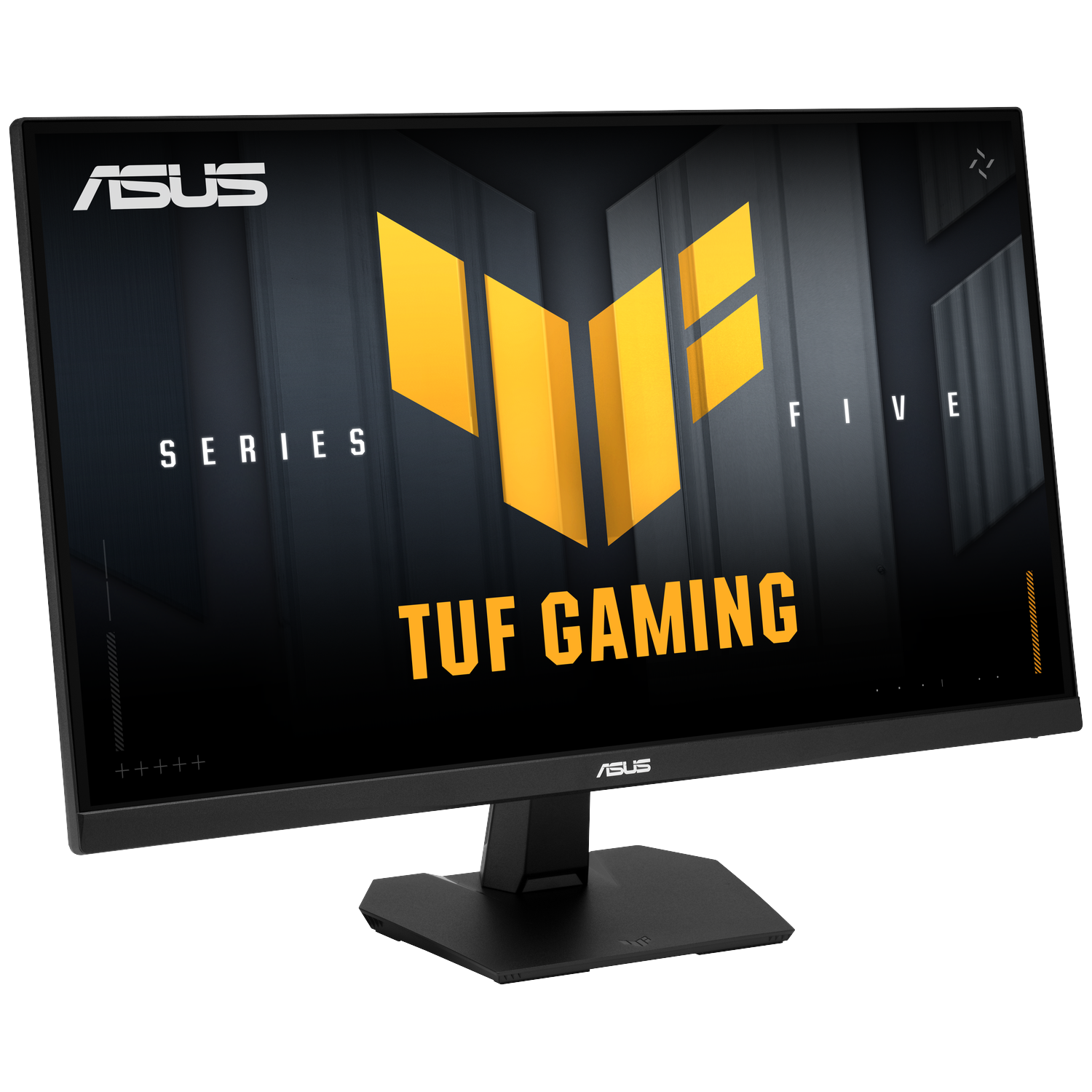 ASUS TUF Gaming monitor met geel logo en tekst op donkere achtergrond.