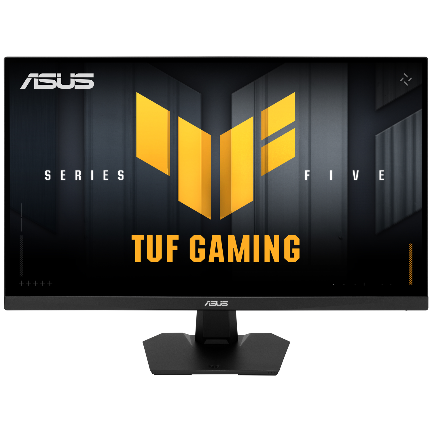 ASUS TUF Gaming monitor met geel logo en tekst op zwarte achtergrond.