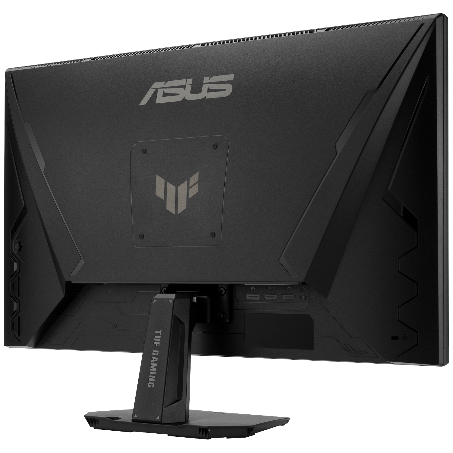Achterkant van een zwarte ASUS TUF Gaming monitor met standaard en poorten.